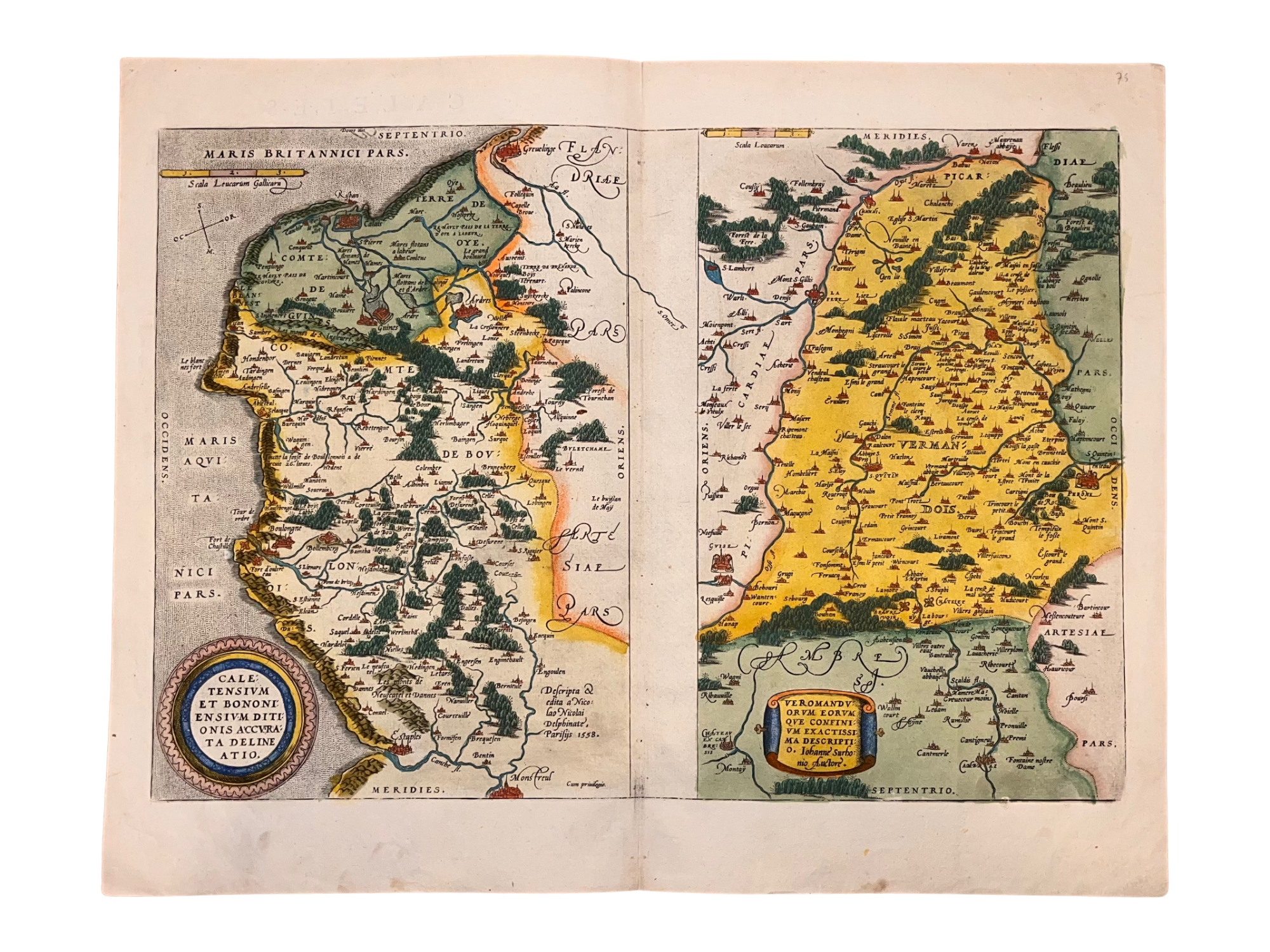C. 1587 ABRAHAM ORTELIUS MAP OF CALAIS AND VERMANDOIS, FRANCE, HAND-COLORED