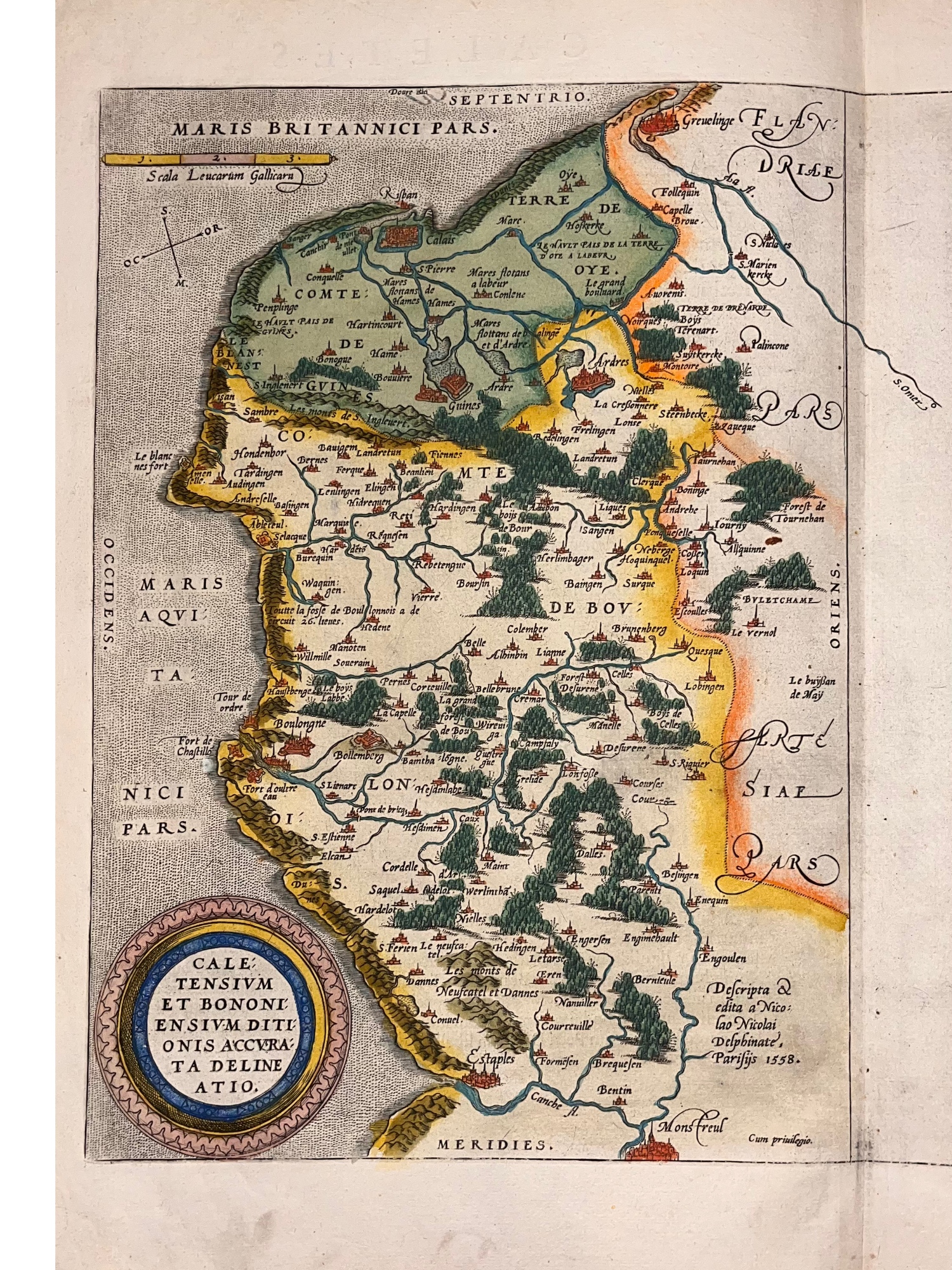 C. 1587 ABRAHAM ORTELIUS MAP OF CALAIS AND VERMANDOIS, FRANCE, HAND-COLORED