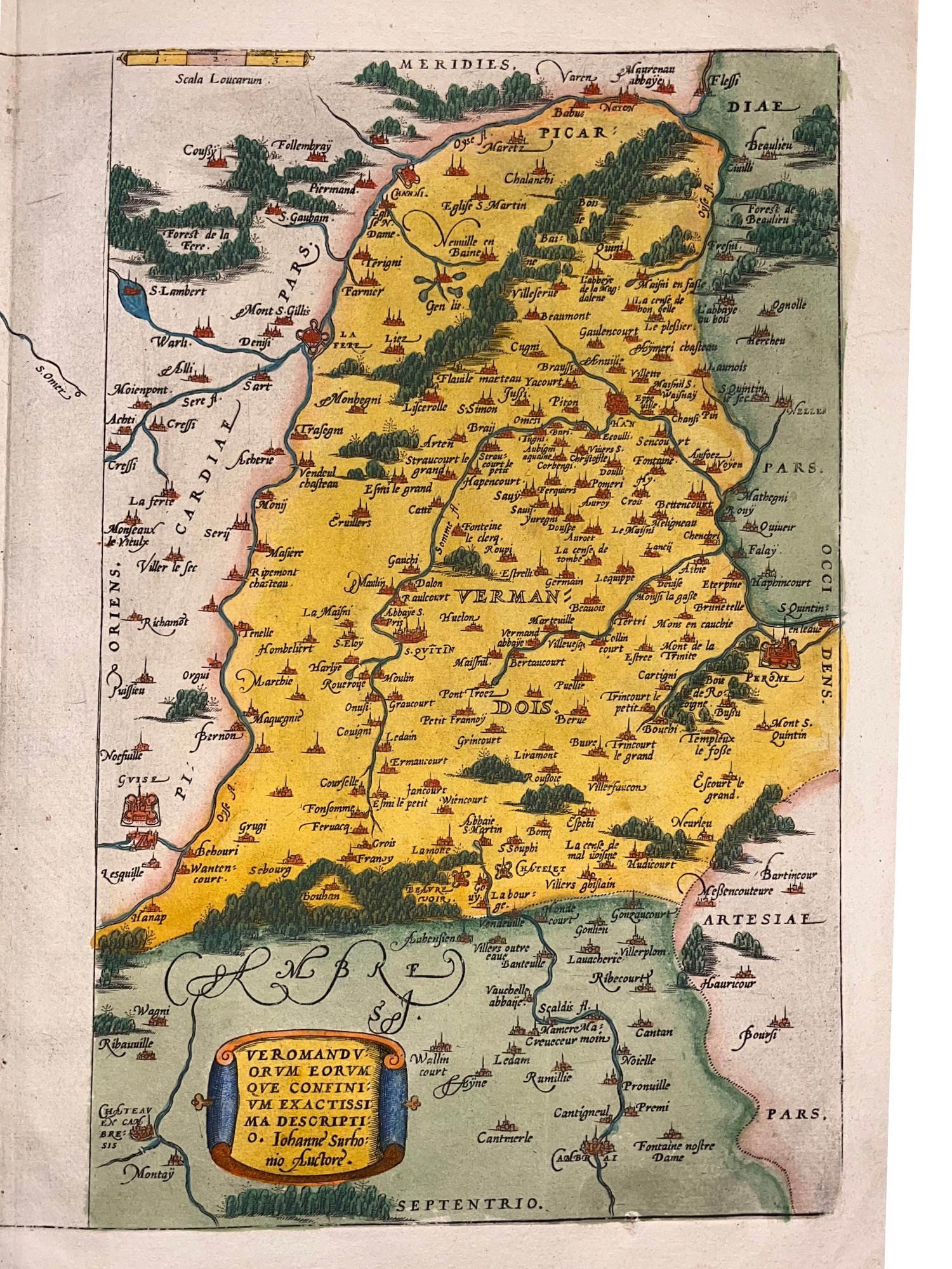C. 1587 ABRAHAM ORTELIUS MAP OF CALAIS AND VERMANDOIS, FRANCE, HAND-COLORED