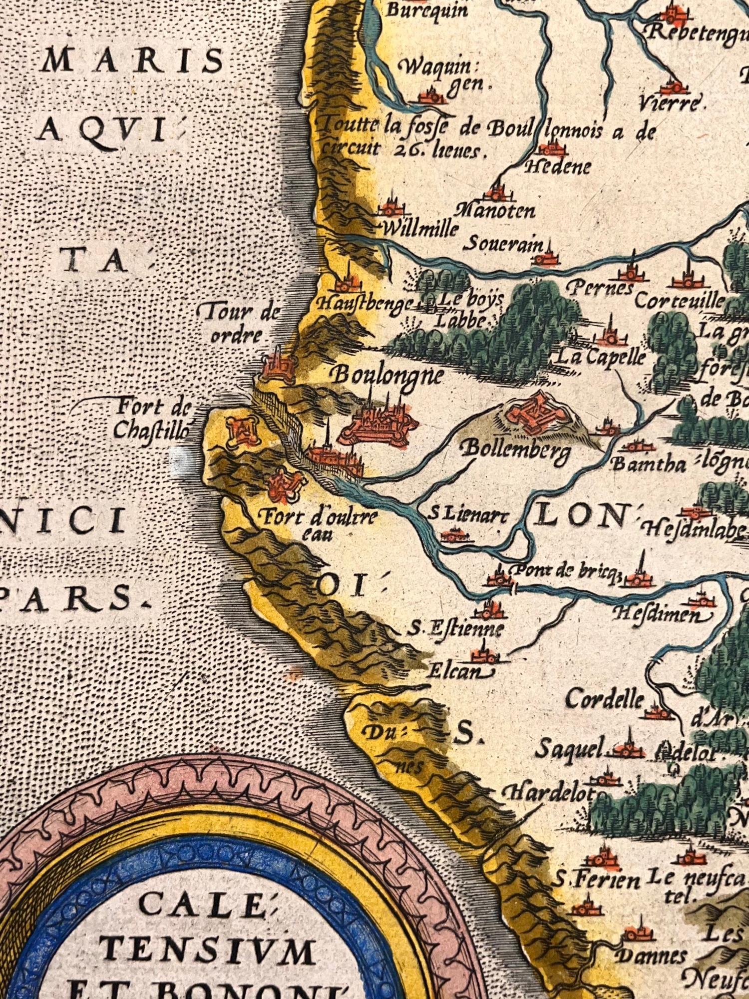 C. 1587 ABRAHAM ORTELIUS MAP OF CALAIS AND VERMANDOIS, FRANCE, HAND-COLORED