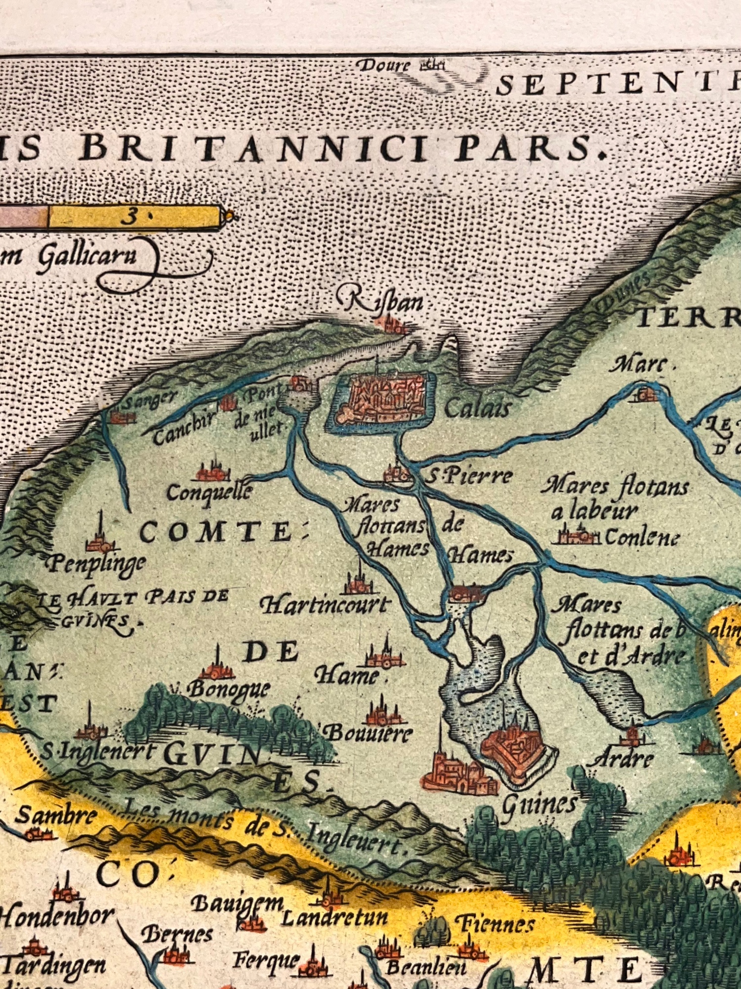 C. 1587 ABRAHAM ORTELIUS MAP OF CALAIS AND VERMANDOIS, FRANCE, HAND-COLORED