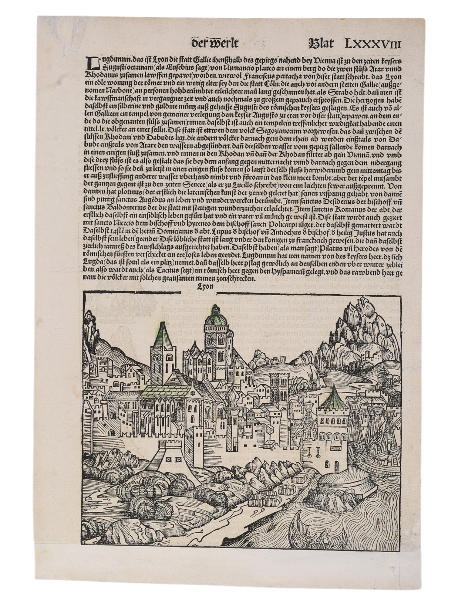 A 1493 NUREMBERG CHRONICLE PAGE, VIEW OF LYON, FRANCE, SCHEDEL