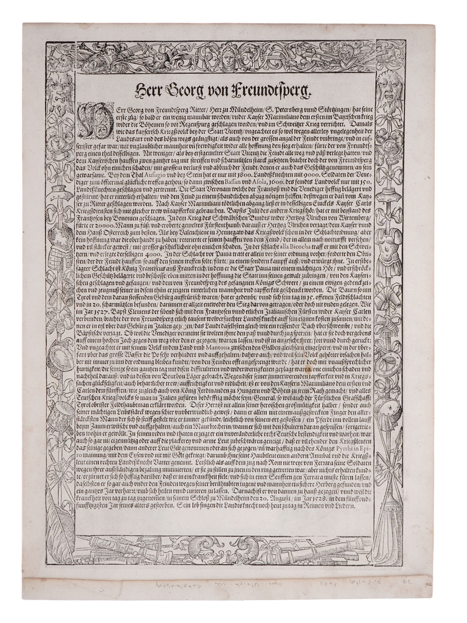 1603 HAND-COLORED ENGRAVING, GEORG VON FRUNDSBERG, ARMAMENTARIUM HEROICUM