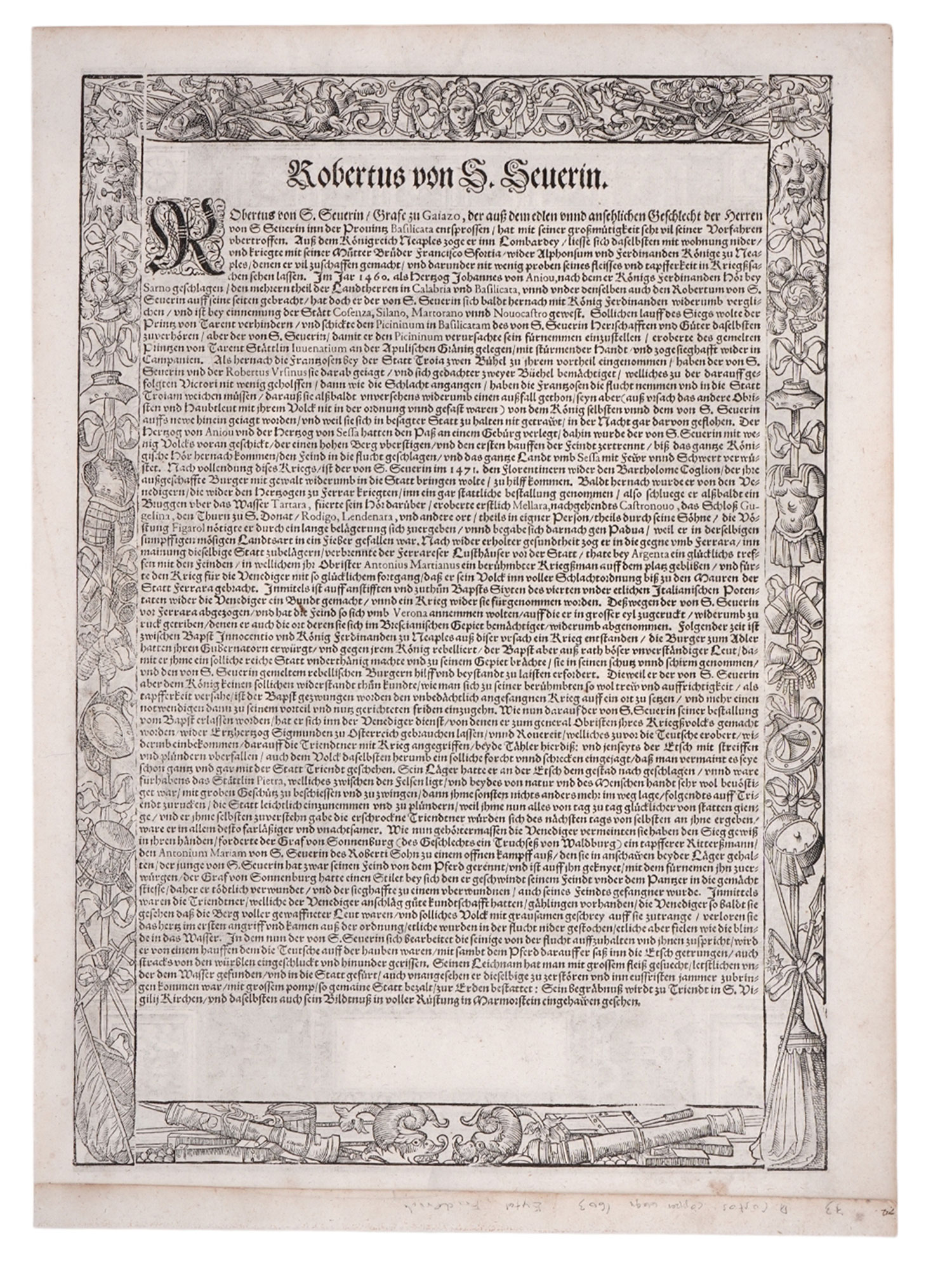 1603 HAND-COLORED ENGRAVING, ROBERTO SANSEVERINO D'ARAGONA, COUNT OF CAIAZZO, ARMAMENTARIUM HEROICUM