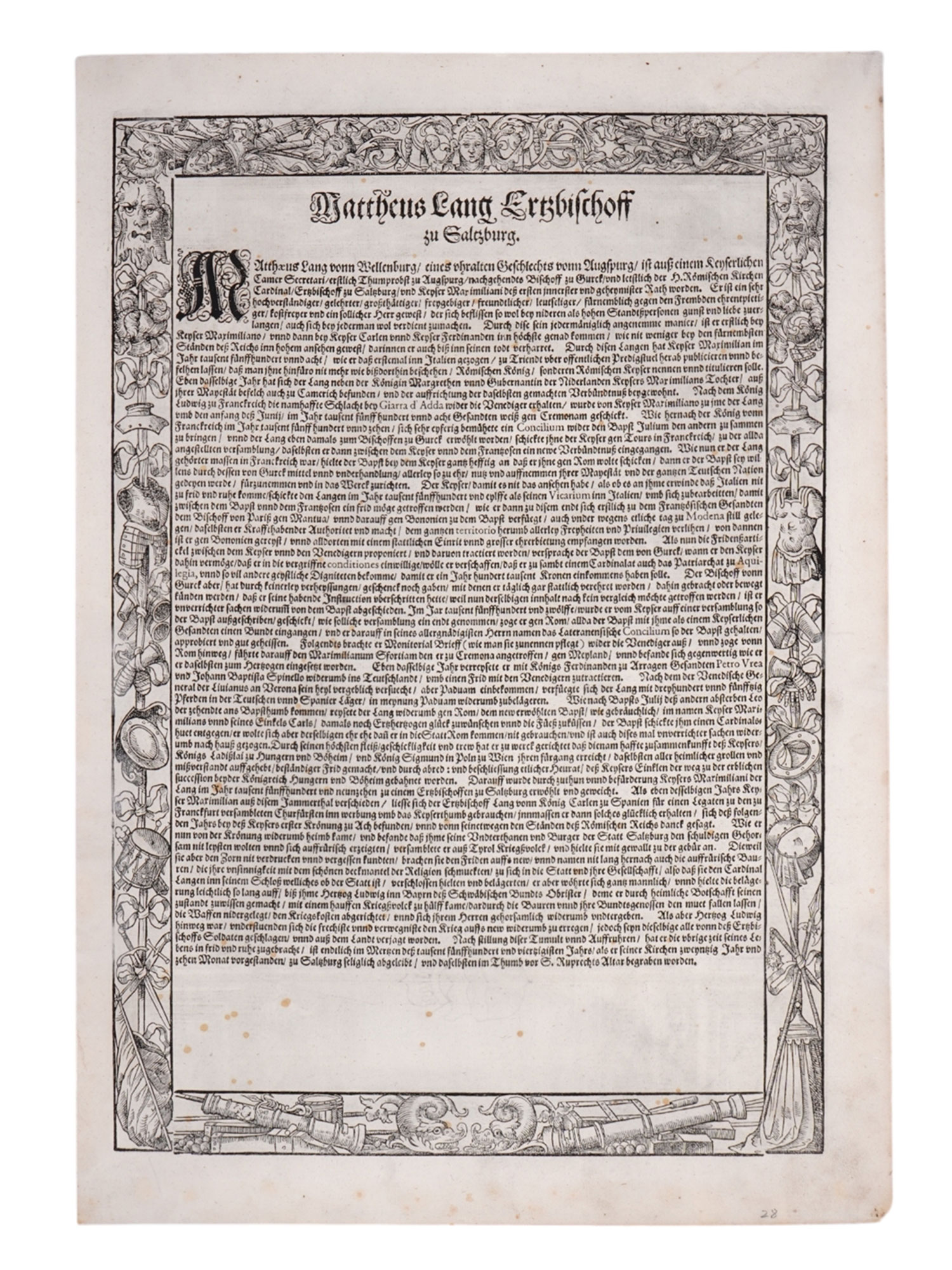 1603 HAND-COLORED ENGRAVING, MATTHÄUS LANG, PRINCE-ARCHBISHOP OF SALZBURG, ARMAMENTARIUM HEROICUM