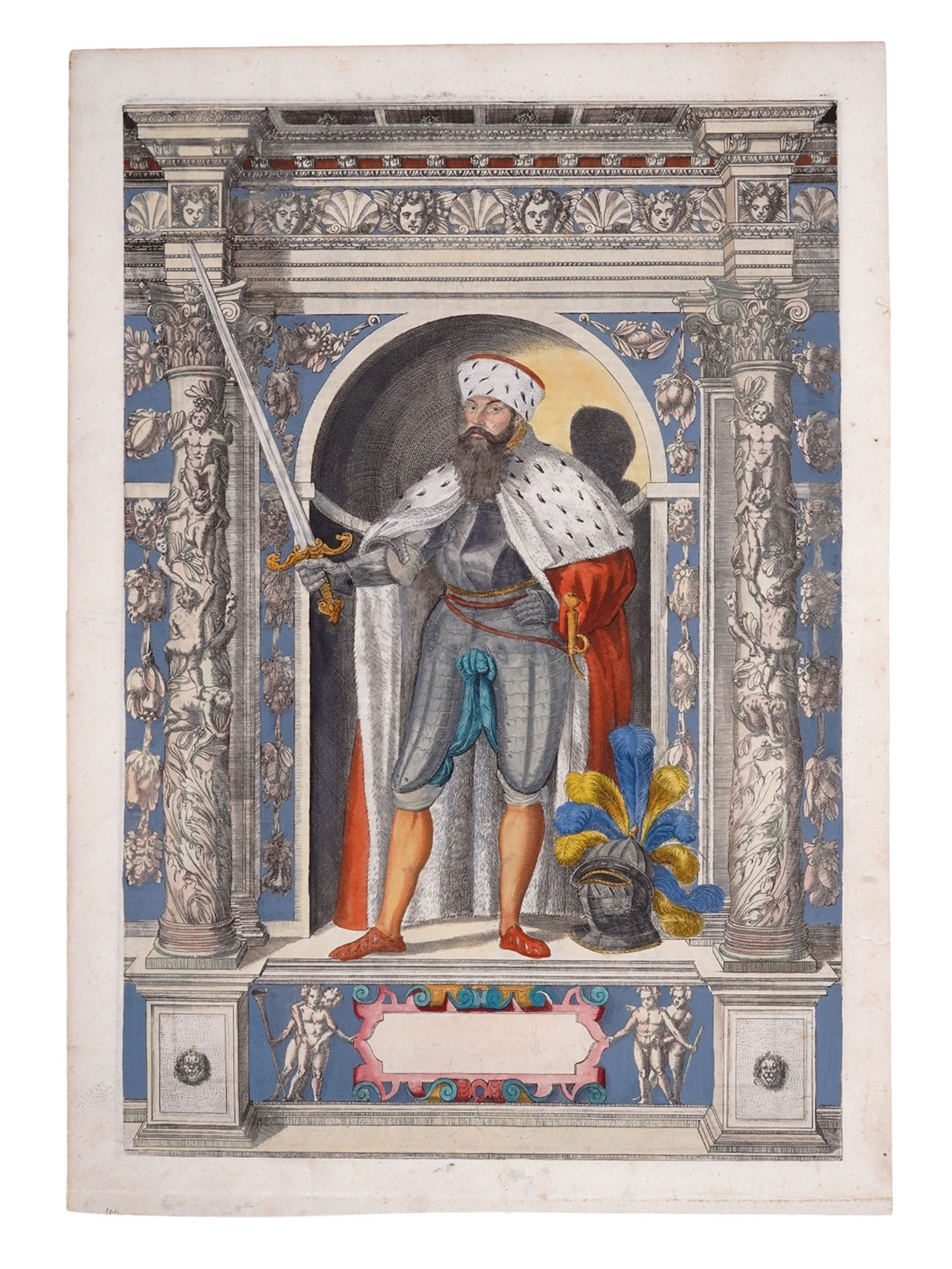 1603 HAND-COLORED ENGRAVING, GIAN GIACOMO DE MEDICI, DUKE OF MARIGNANO, ARMAMENTARIUM HEROICUM