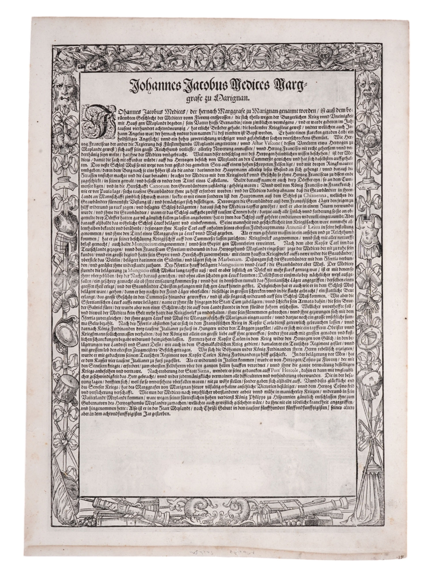 1603 HAND-COLORED ENGRAVING, GIAN GIACOMO DE MEDICI, DUKE OF MARIGNANO, ARMAMENTARIUM HEROICUM