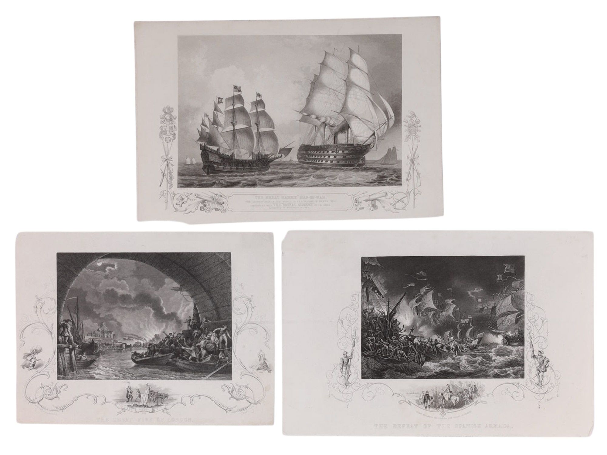 A LOT OF 3 BRITISH HISTORICAL LITHOGRAPHS, DEFEAT OF THE SPANISH ARMADA, GREAT FIRE OF LONDON, THE GREAT HARRY COMPARED TO THE ROYAL ALBERT,