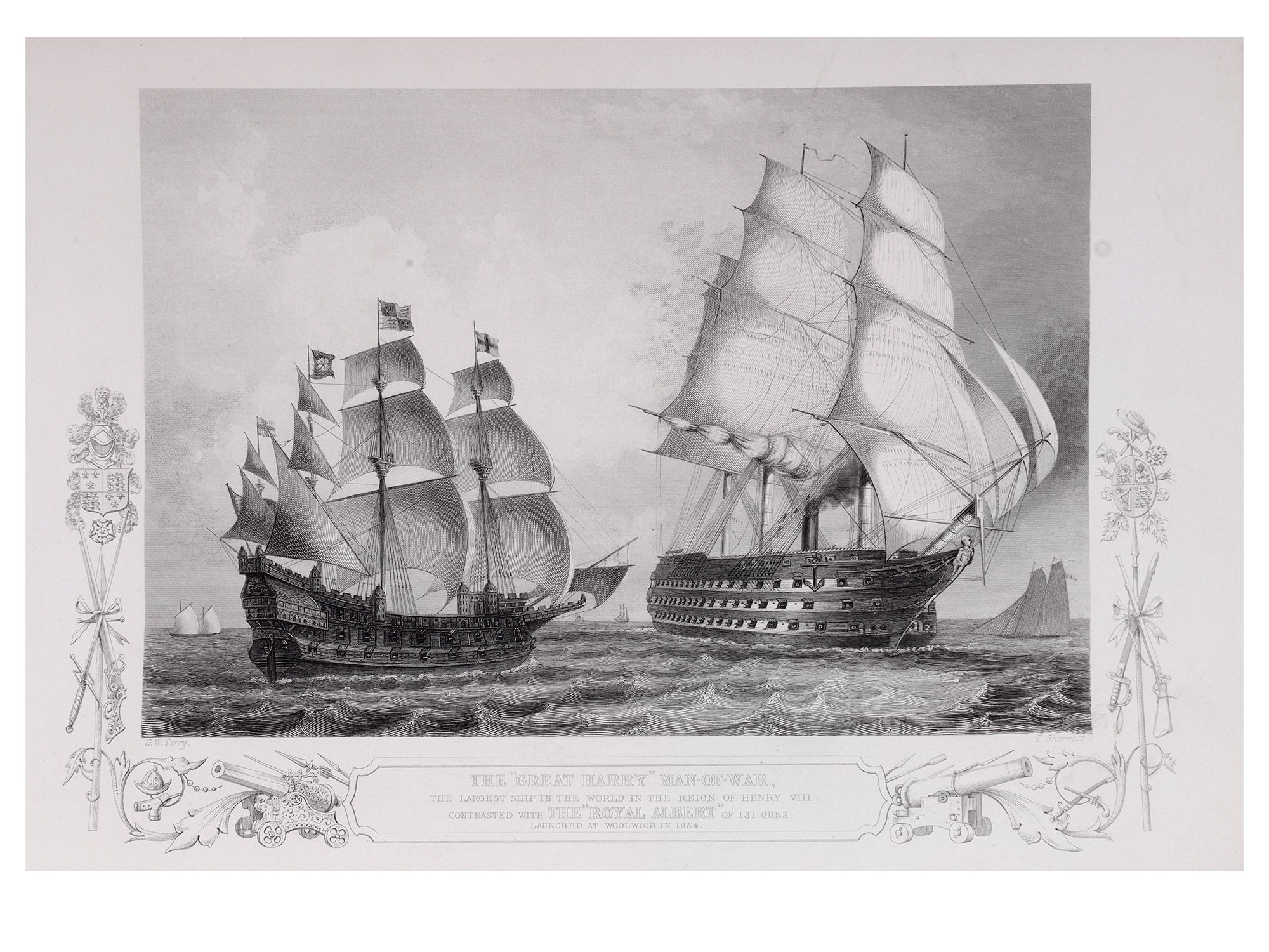 A LOT OF 3 BRITISH HISTORICAL LITHOGRAPHS, DEFEAT OF THE SPANISH ARMADA, GREAT FIRE OF LONDON, THE GREAT HARRY COMPARED TO THE ROYAL ALBERT,