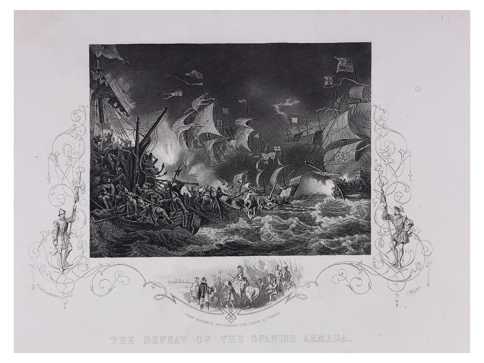 A LOT OF 3 BRITISH HISTORICAL LITHOGRAPHS, DEFEAT OF THE SPANISH ARMADA, GREAT FIRE OF LONDON, THE GREAT HARRY COMPARED TO THE ROYAL ALBERT,