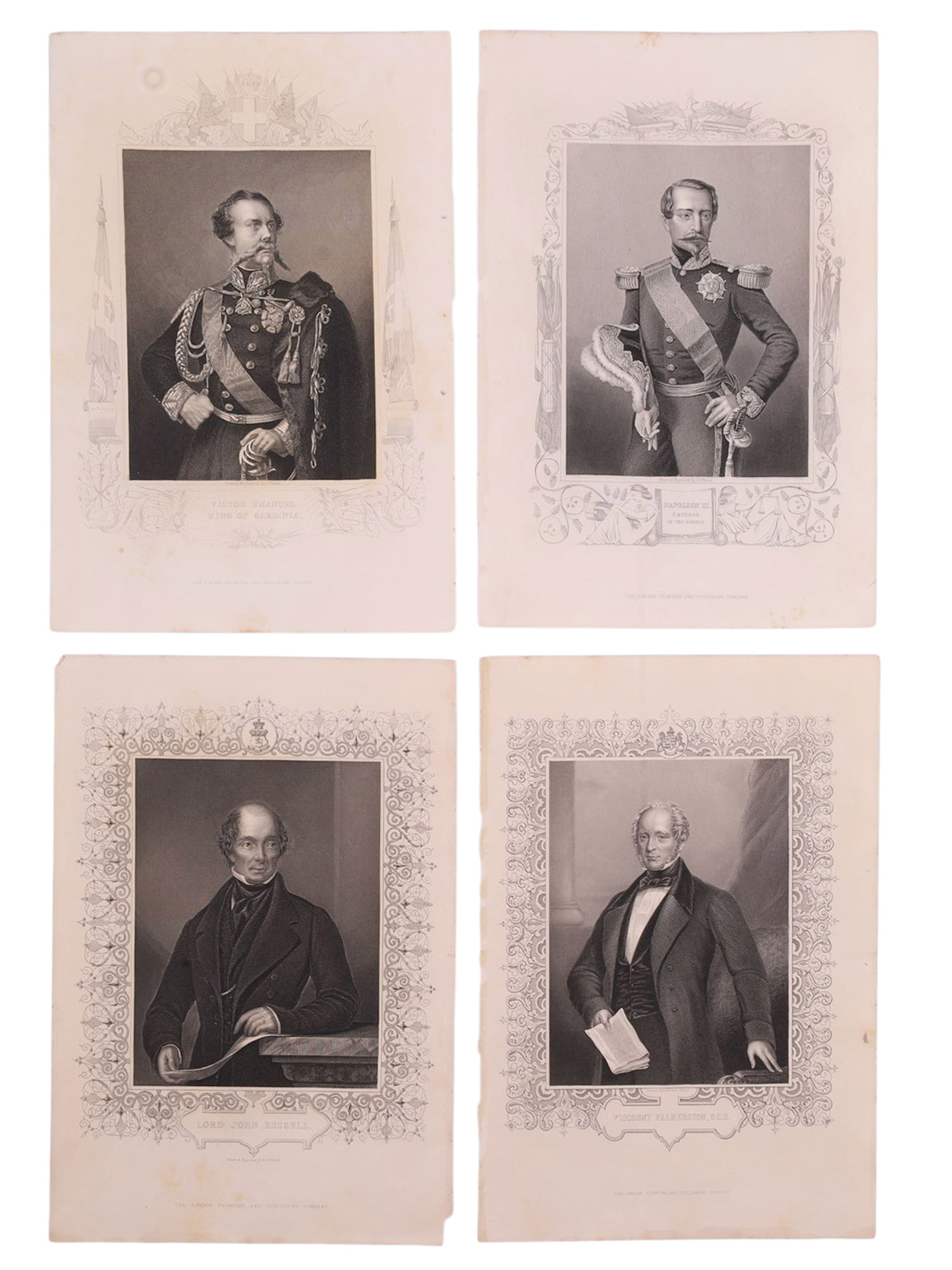 A LOT OF 4 LITHOGRAPH PORTRAITS, VICTOR EMMANUEL II KING OF ITALY, NAPOLEON III EMPEROR OF FRANCE, PRIME MINISTERS LORD JOHN RUSSELL AND VIS