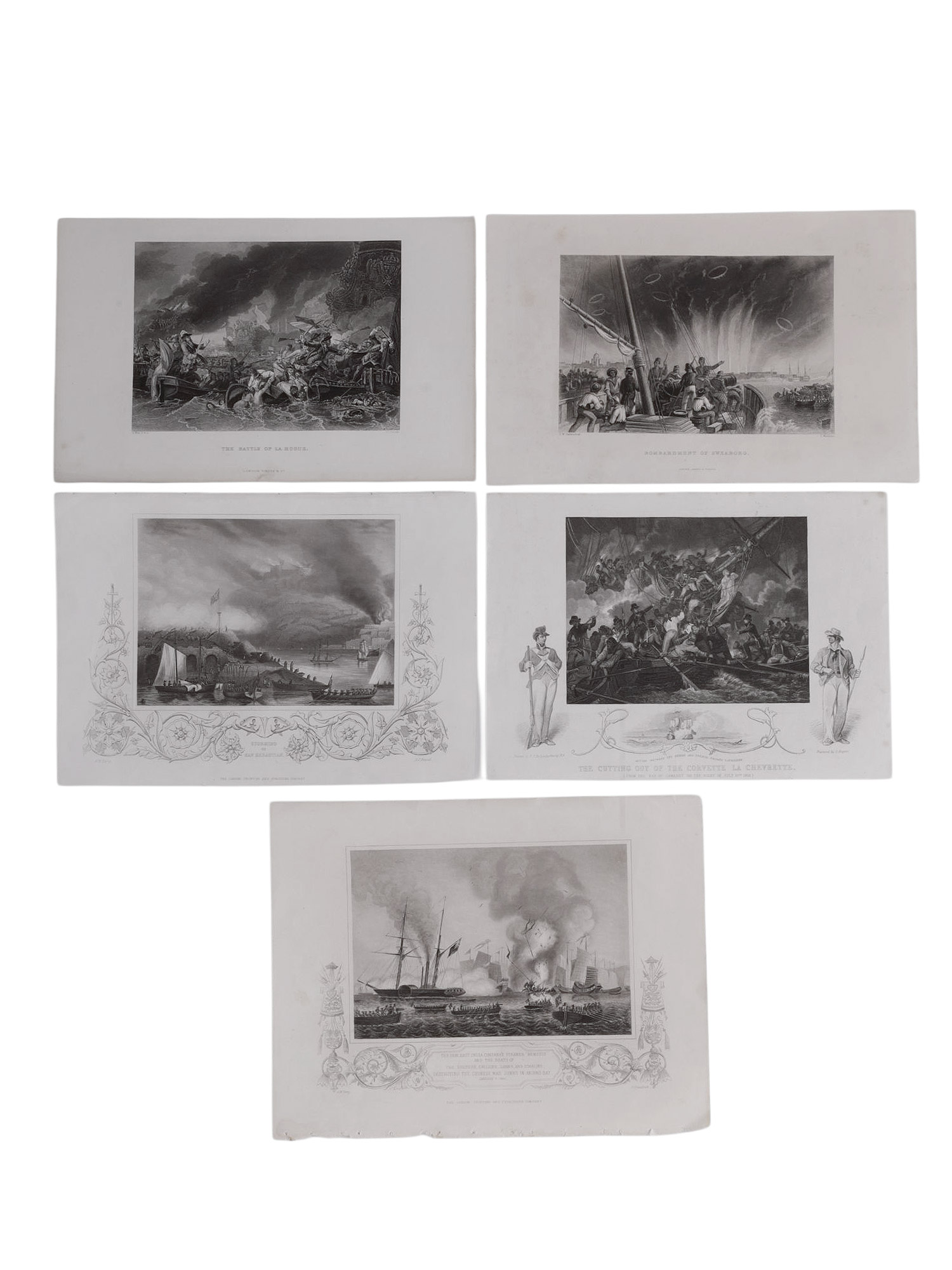 A LOT OF 5 BRITISH NAVAL BATTLE LITHOGRAPHS, LA HOGUE, OPIUM WAR, CAPTURE OF THE CHEVRETTE, 19TH CENTURY