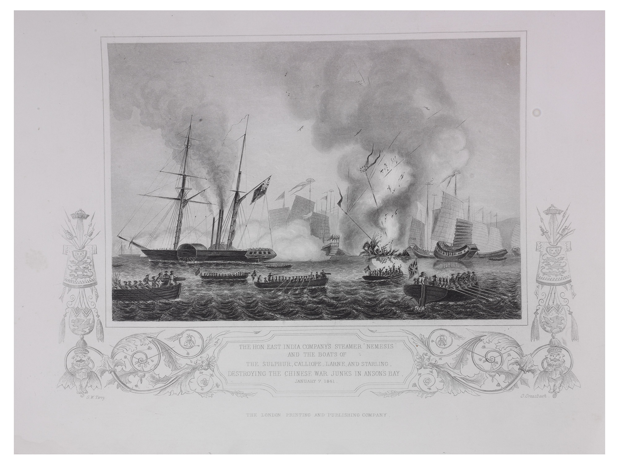 A LOT OF 5 BRITISH NAVAL BATTLE LITHOGRAPHS, LA HOGUE, OPIUM WAR, CAPTURE OF THE CHEVRETTE, 19TH CENTURY