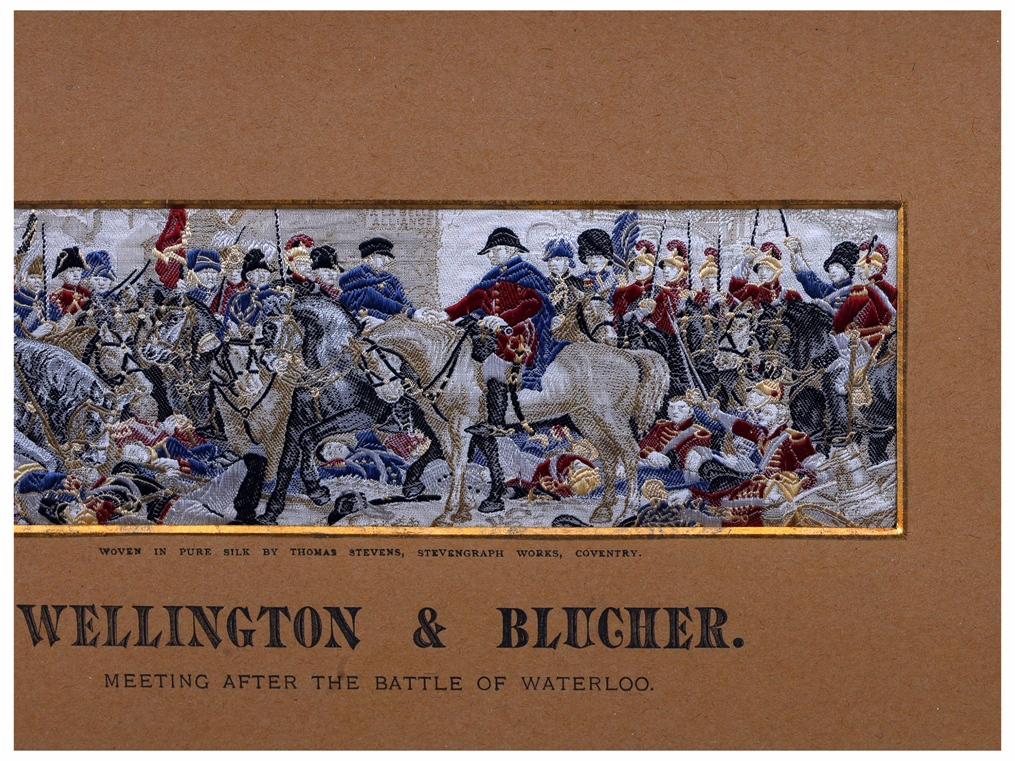 A VICTORIAN SILK STEVENGRAPH 'WELLINGTON & BLUCHER AFTER WATERLOO', C. 1879