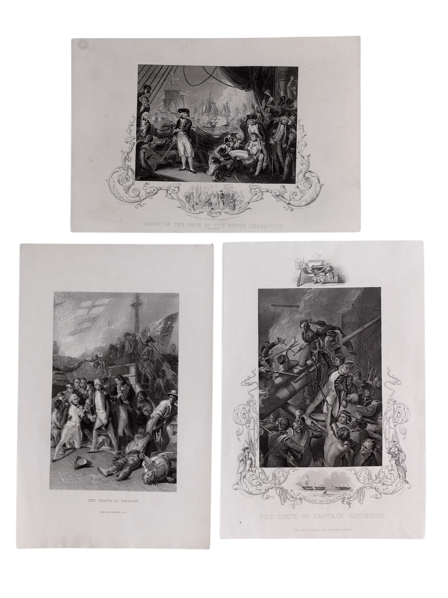A LOT OF 3 BRITISH NAVAL LITHOGRAPHS, DEATH OF HORATIO NELSON, DEATH OF CAPTAIN ROBERT FAULKNOR, A SCENE OF THE QUEEN CHARLOTTE, 19TH CENTUR