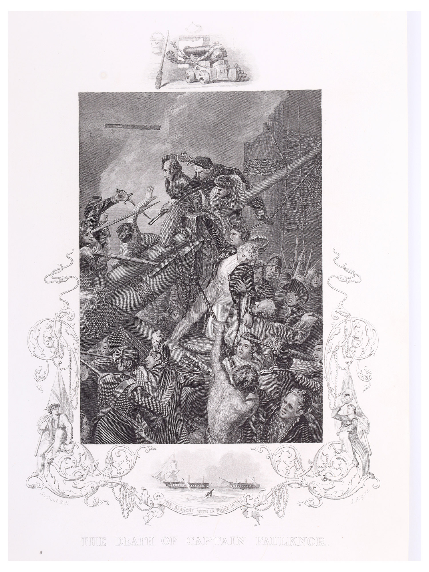 A LOT OF 3 BRITISH NAVAL LITHOGRAPHS, DEATH OF HORATIO NELSON, DEATH OF CAPTAIN ROBERT FAULKNOR, A SCENE OF THE QUEEN CHARLOTTE, 19TH CENTUR