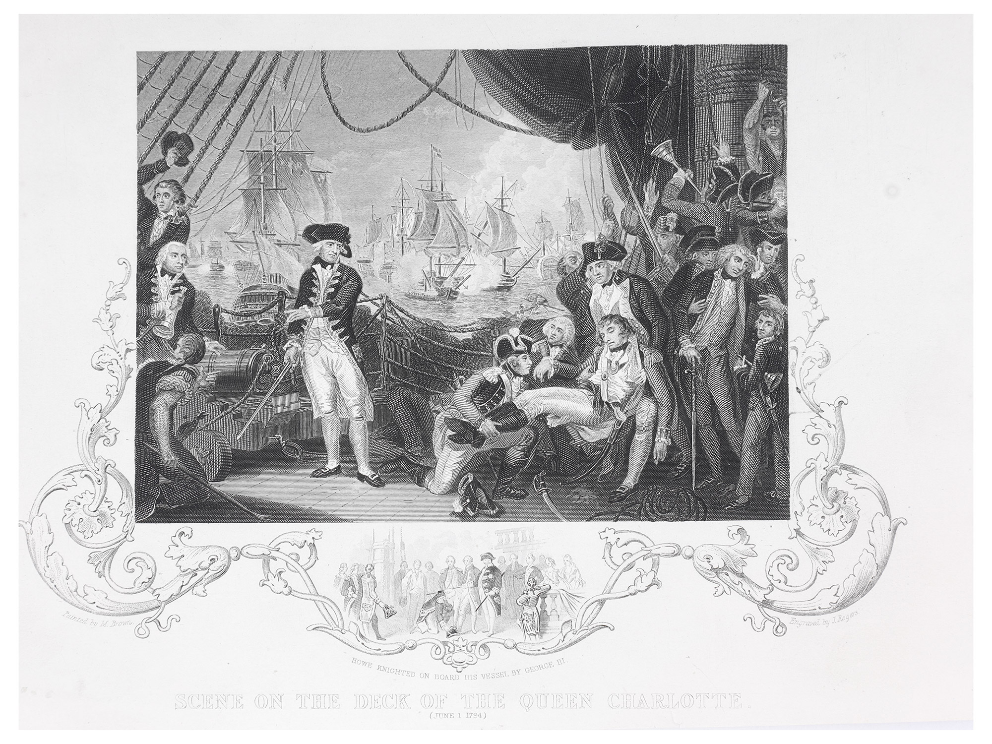 A LOT OF 3 BRITISH NAVAL LITHOGRAPHS, DEATH OF HORATIO NELSON, DEATH OF CAPTAIN ROBERT FAULKNOR, A SCENE OF THE QUEEN CHARLOTTE, 19TH CENTUR