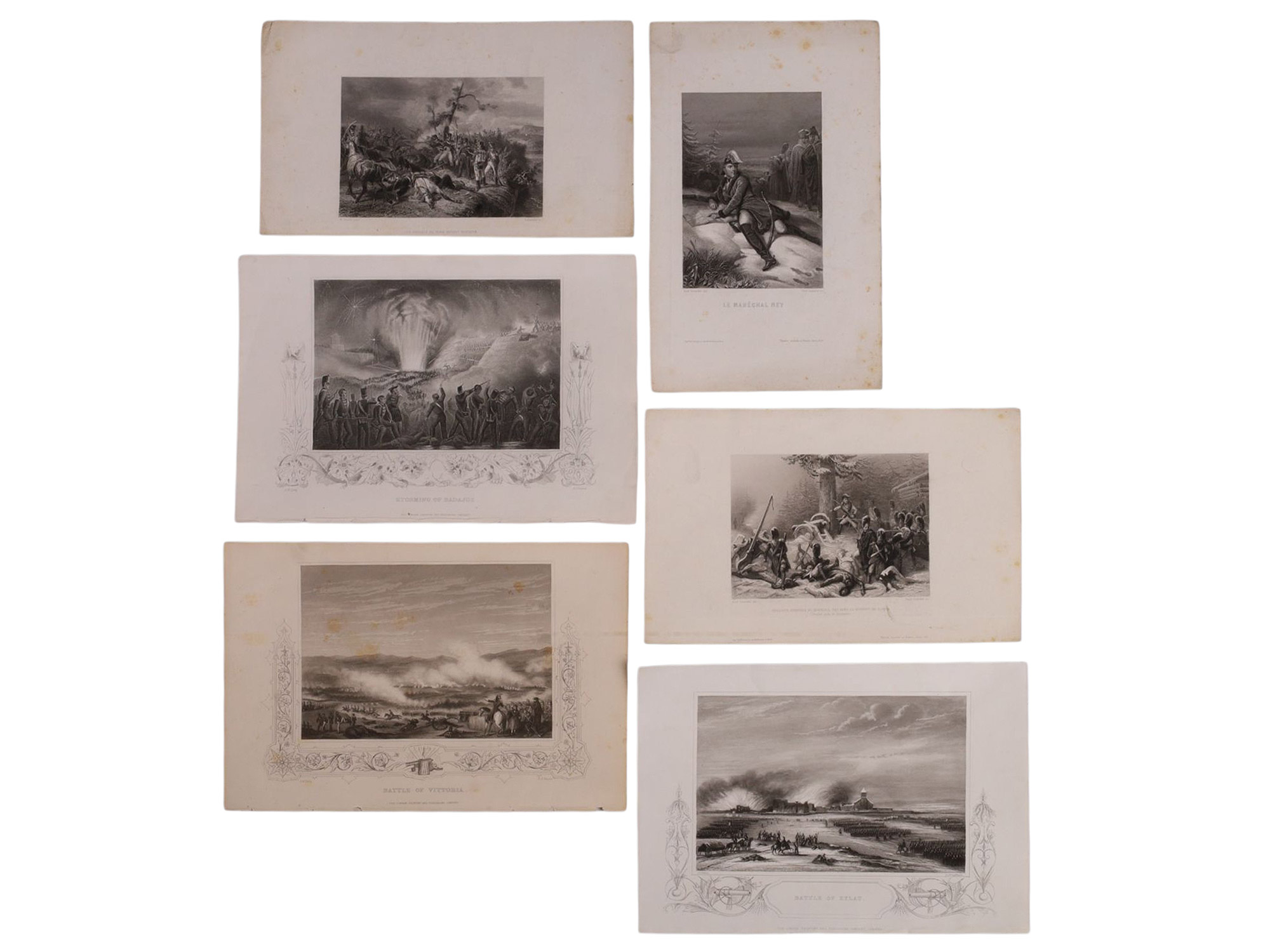 A LOT OF 6 NAPOLEONIC WAR LITHOGRAPHS, MARECHAL NEY, VITEBSK, BADAJOZ, EYLAU, VITTORIA, 19TH CENTURY