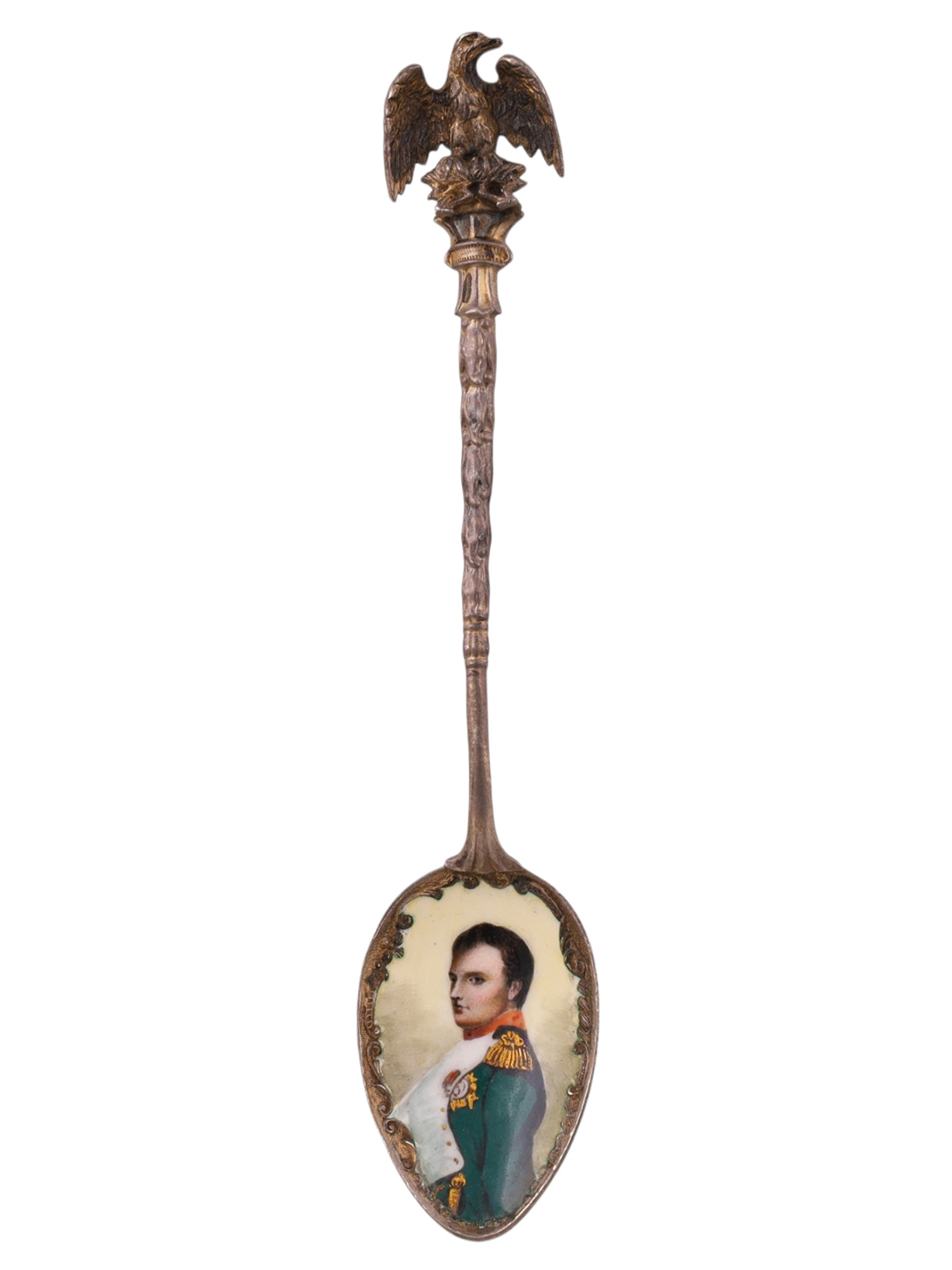 AN ENAMEL PAINTED SILVER SPOON OF NAPOLEON, 19TH CENTURY