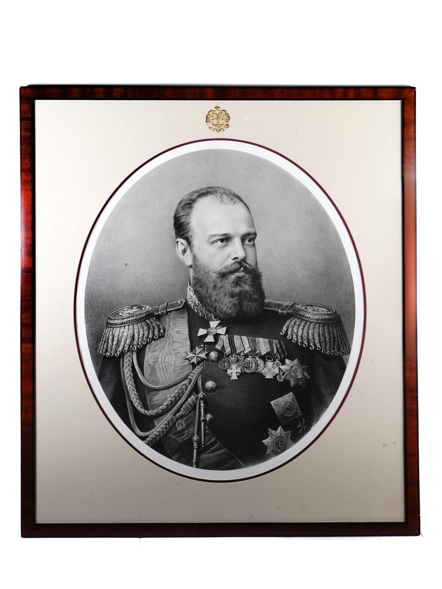 A LARGE RUSSIAN LITHOGRAPH OF TSAR ALEXANDER III, FRAMED