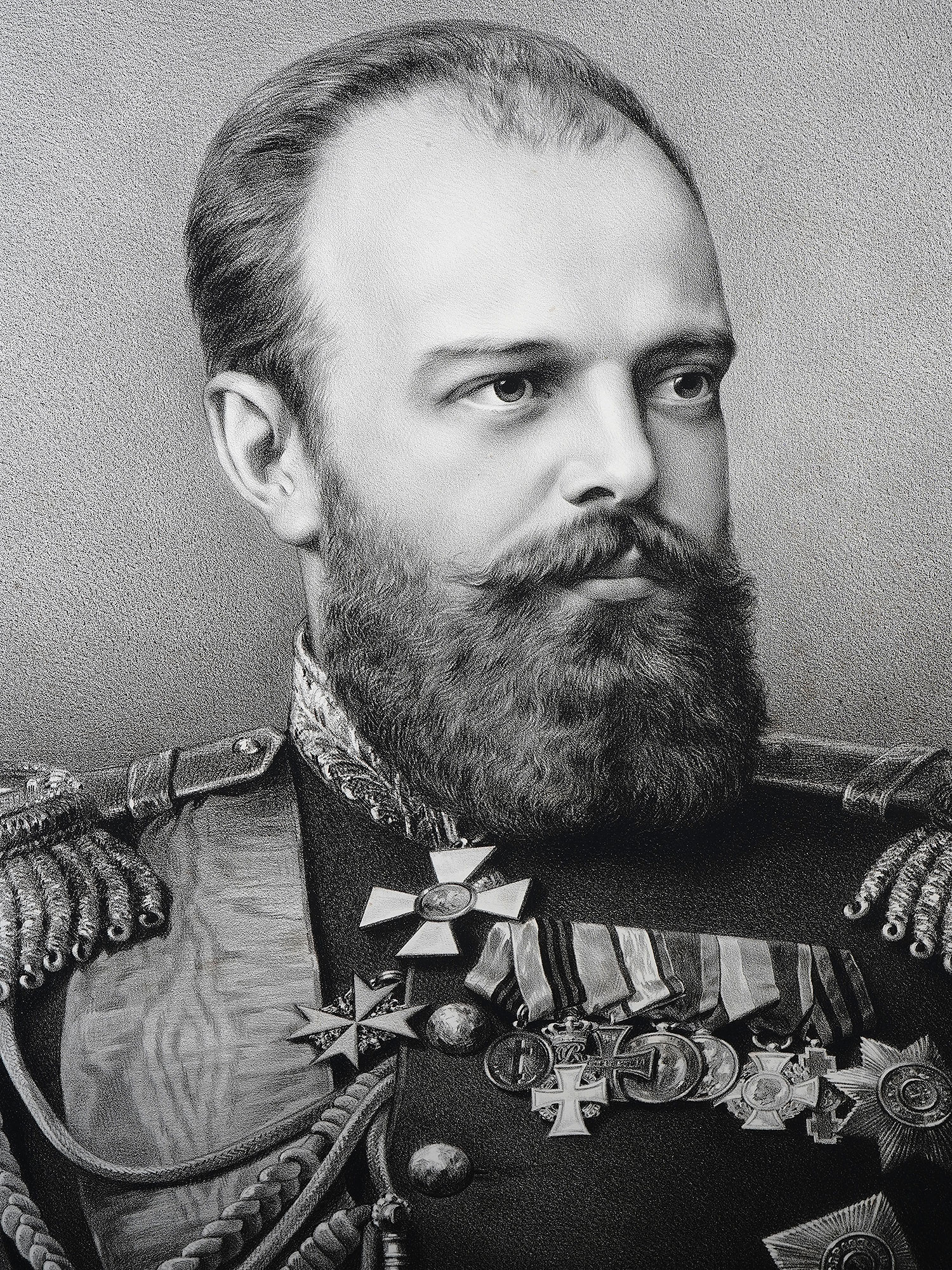 A LARGE RUSSIAN LITHOGRAPH OF TSAR ALEXANDER III, FRAMED