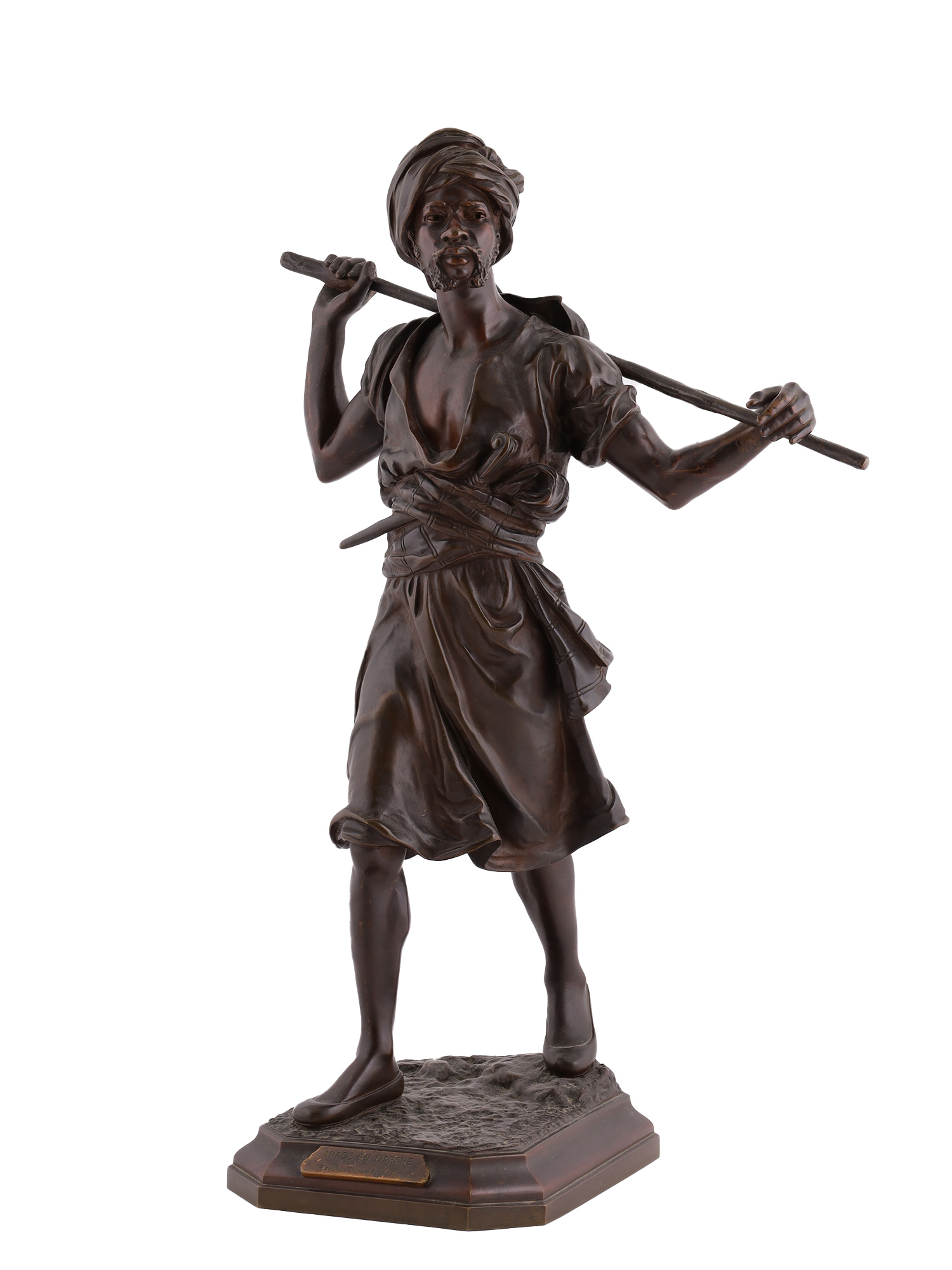 AN EMILE PINEDO FRENCH ORIENTALIST BRONZE SCULPTURE "ARABE EN MARCHE", LATE 19TH CENTURY