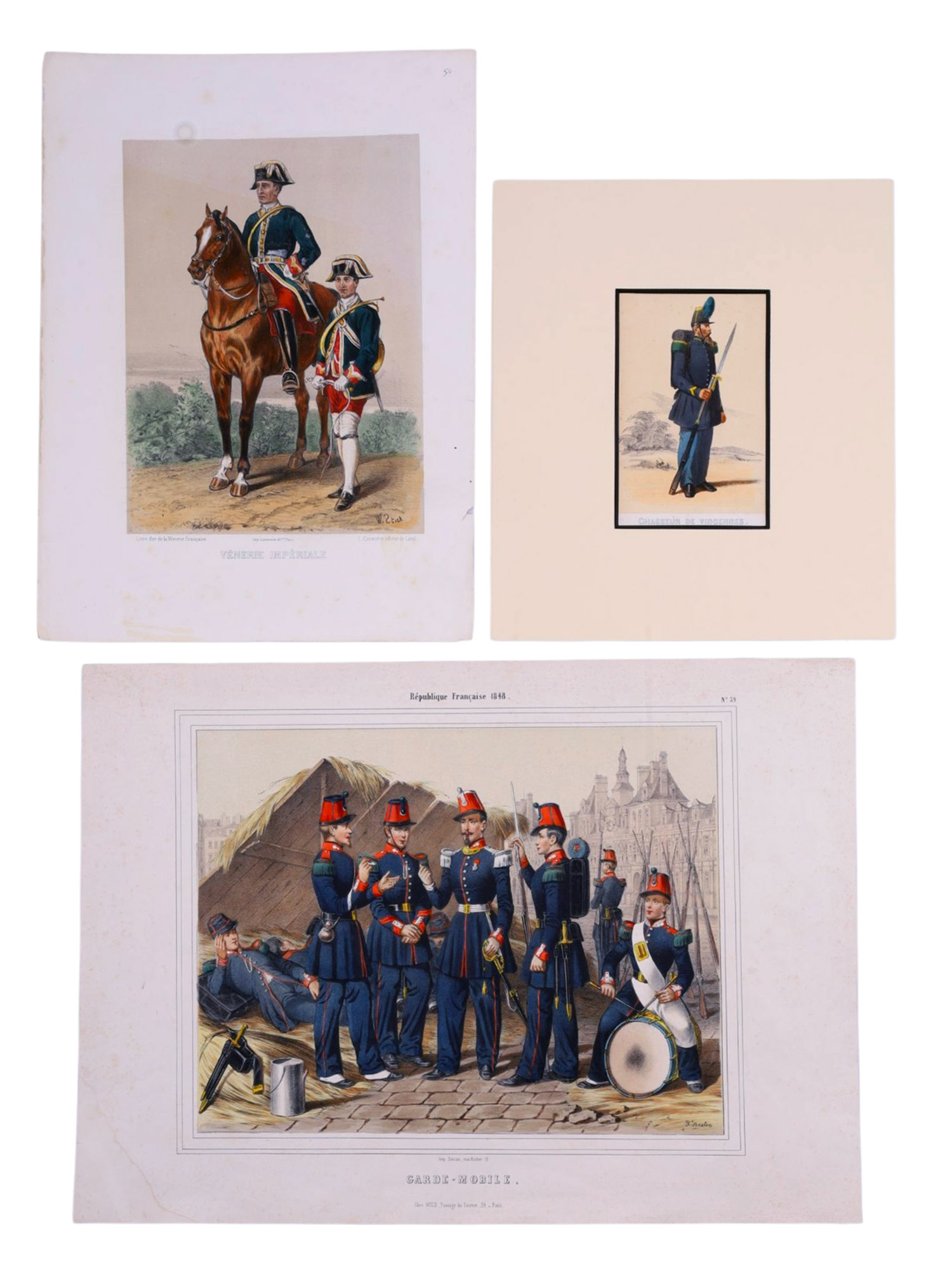 A LOT OF 3 FRENCH MILITARY LITHOGRAPHS DEPICTING SOLDIERS IN UNIFORM, FEBRUARY REVOLUTION, CRIMEAN WAR, VENERIE IMPERIALE, 19TH CEN.
