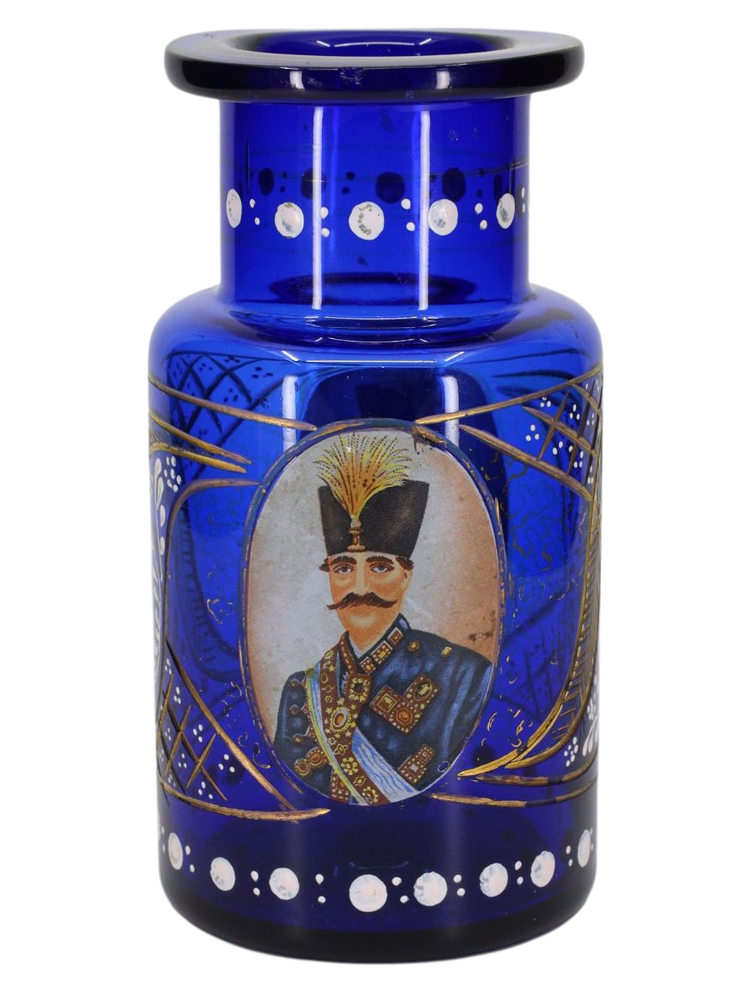 A QAJAR ENAMELED AND GILT COBALT-BLUE GLASS HOOKAH BASE (QALYAN) DEPICTING SHAHANSHAH NASER AL-DIN SHAH, IRAN, LATE 19TH CENTURY