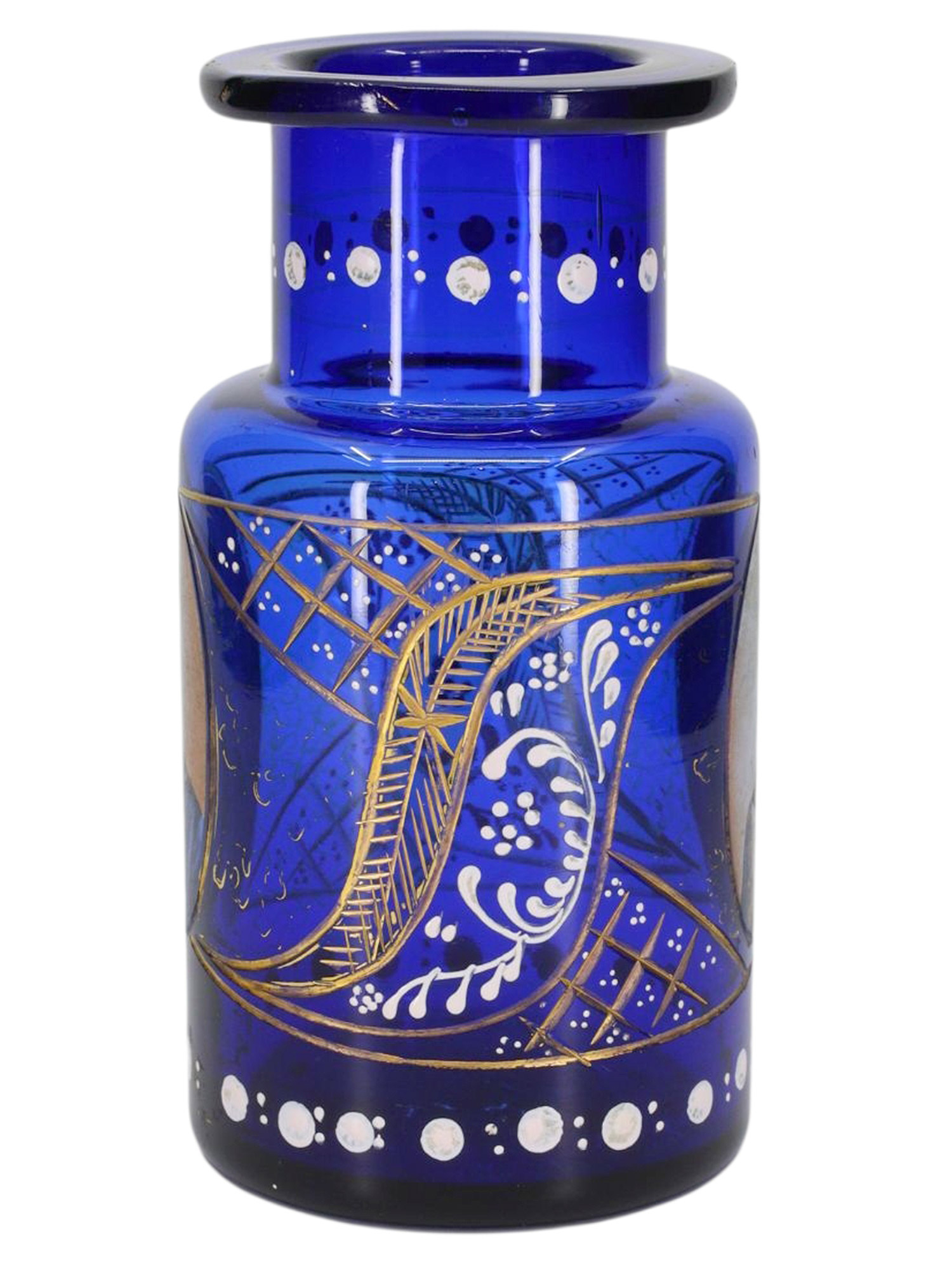 A QAJAR ENAMELED AND GILT COBALT-BLUE GLASS HOOKAH BASE (QALYAN) DEPICTING SHAHANSHAH NASER AL-DIN SHAH, IRAN, LATE 19TH CENTURY