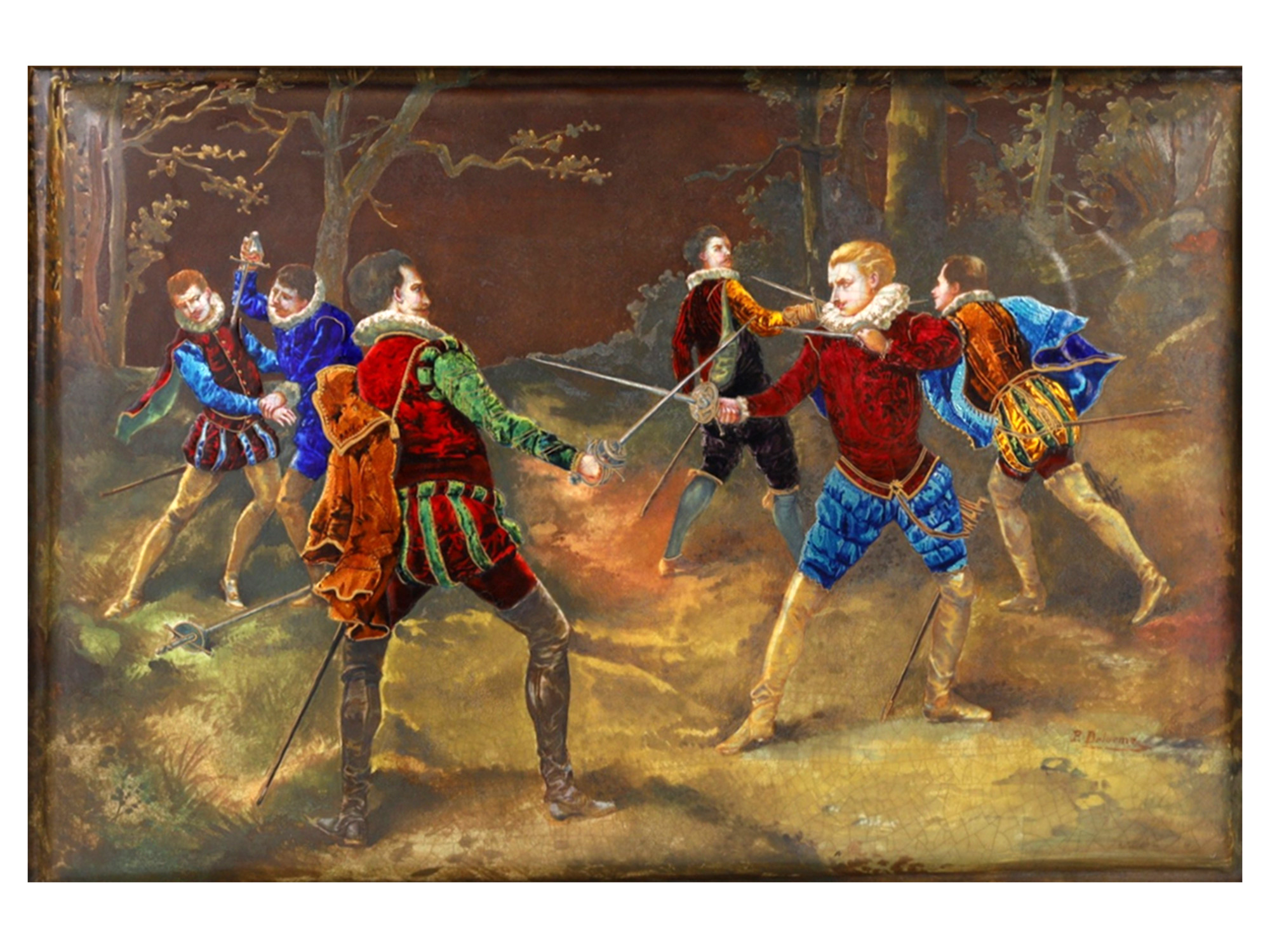 A LARGE PIERRE DELORMES (1783-1859) FRENCH ENAMEL PLAQUE WITH A DUELING SCENE, 19TH CENTURY