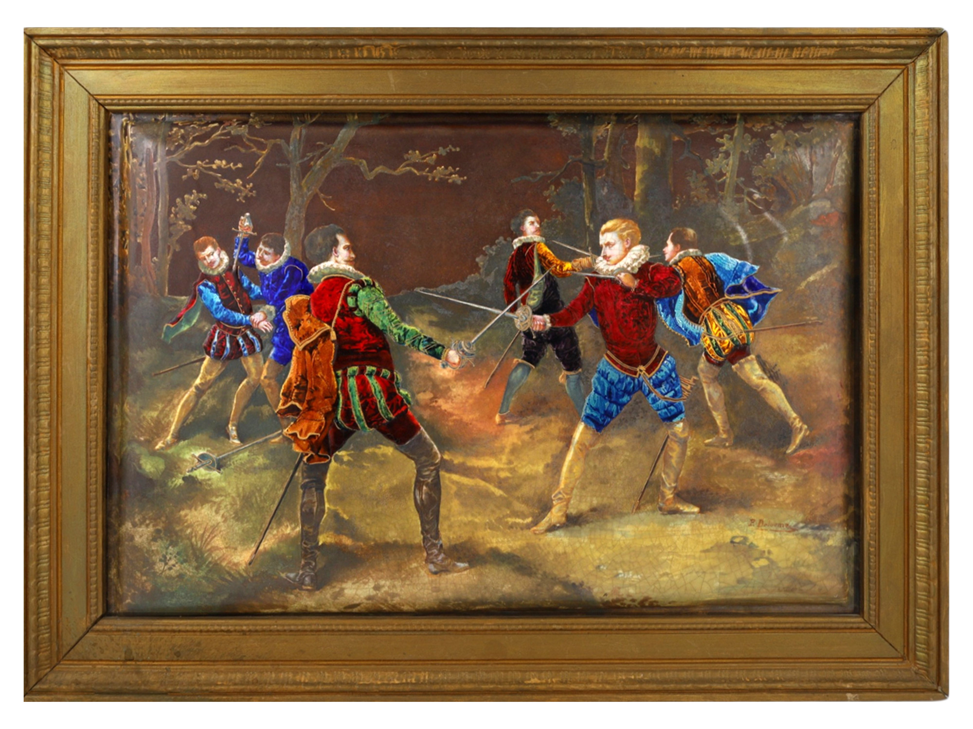 A LARGE PIERRE DELORMES (1783-1859) FRENCH ENAMEL PLAQUE WITH A DUELING SCENE, 19TH CENTURY