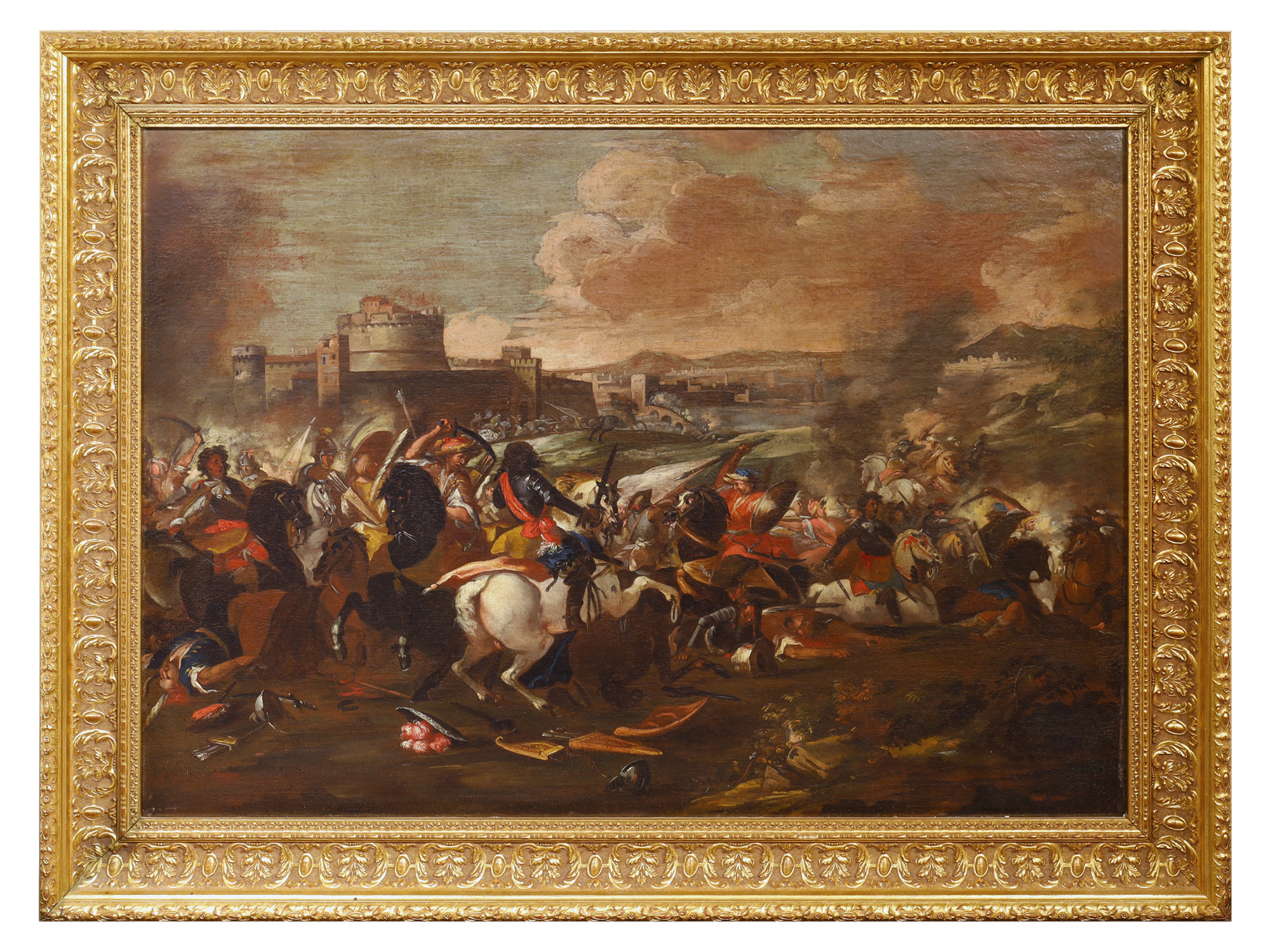 AN 18TH CENTURY ITALIAN BATTLE SCENE OIL ON CANVAS PAINTING