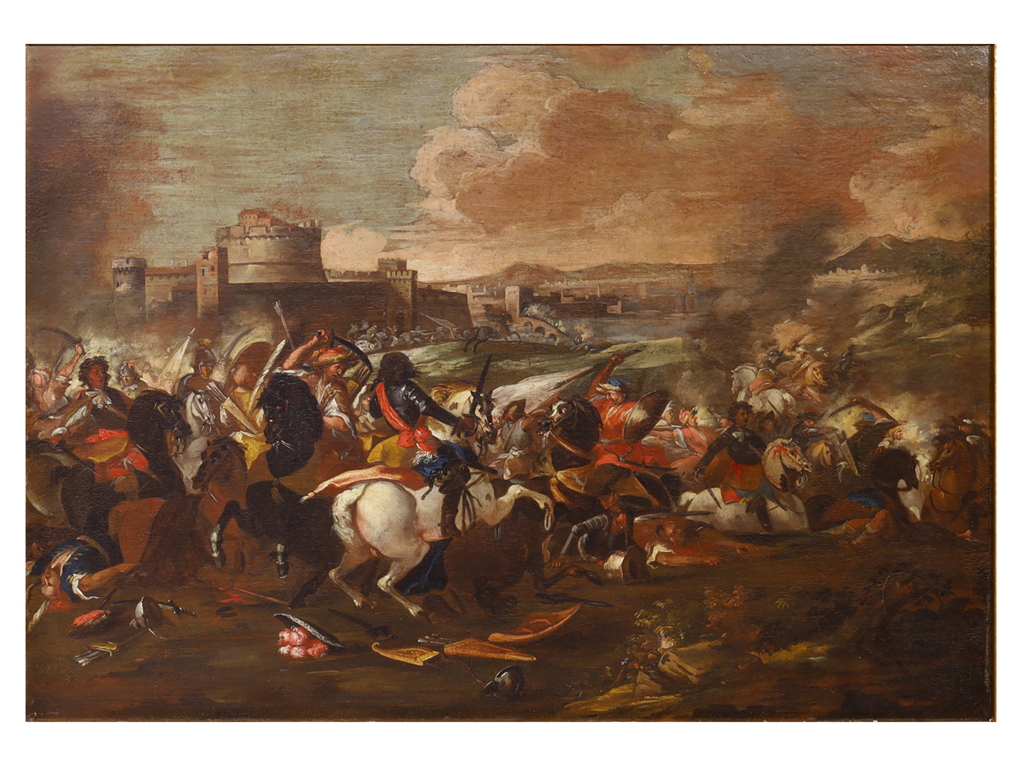 AN 18TH CENTURY ITALIAN BATTLE SCENE OIL ON CANVAS PAINTING