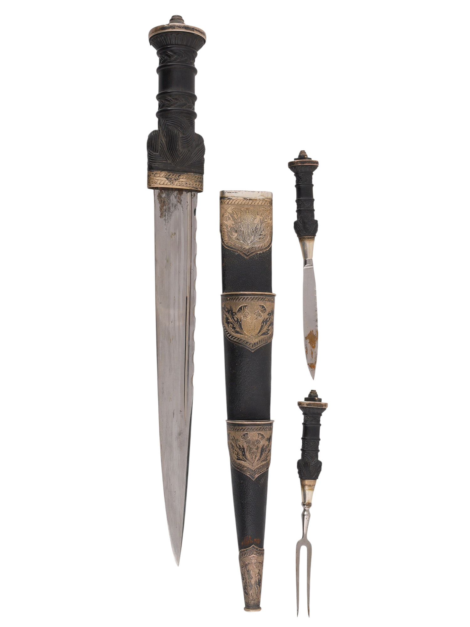 AN IMPORTANT SCOTTISH HIGHLAND DRESS DIRK WITH COMPANION KNIFE AND FORK BY WILSON & SHARP, EDINBURGH