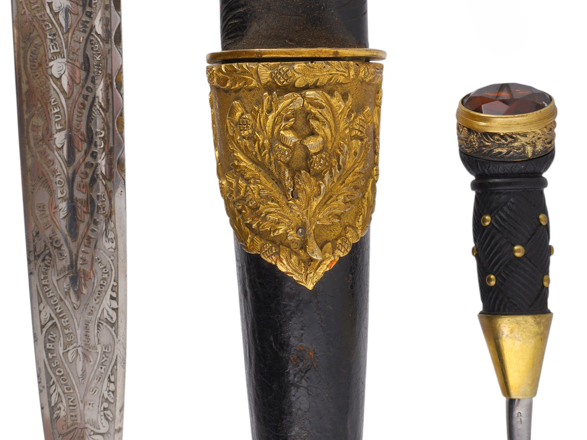 A SCOTTISH REGIMENTAL DRESS DIRK WITH COMPANION KNIFE AND FORK BY HAWKES & CO., LONDON, LATE 19TH CENTURY