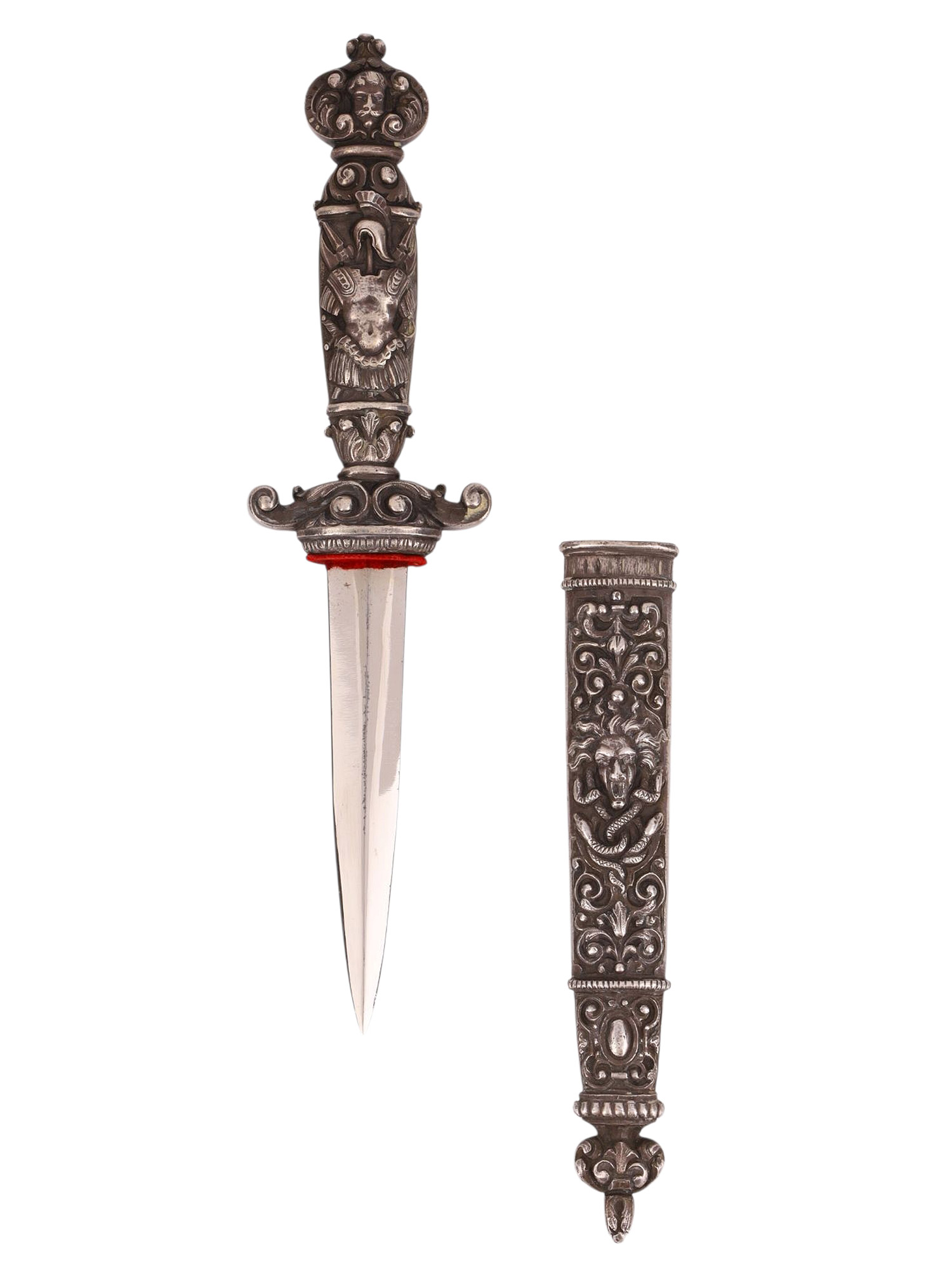 A EUROPEAN ROMANTIC DAGGER WITH SCULPTURAL HILT AND SHEATH, 19TH CEN.
