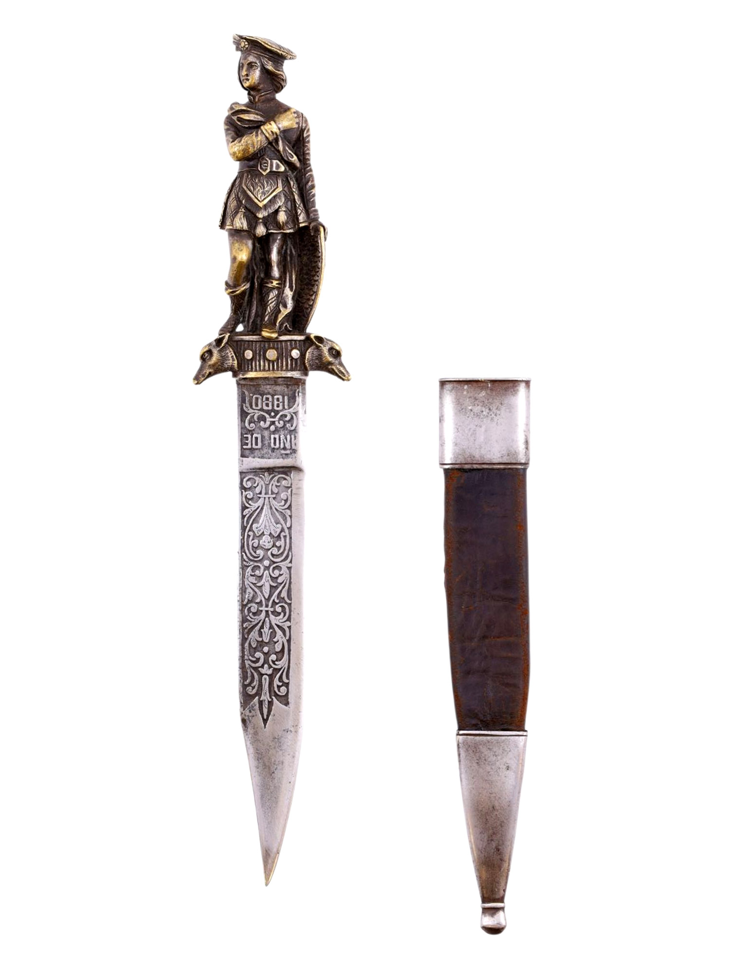 A SPANISH TOLEDO ROMANTIC DAGGER WITH FRENCH-SCOTTISH FIGURAL HILT, 1880