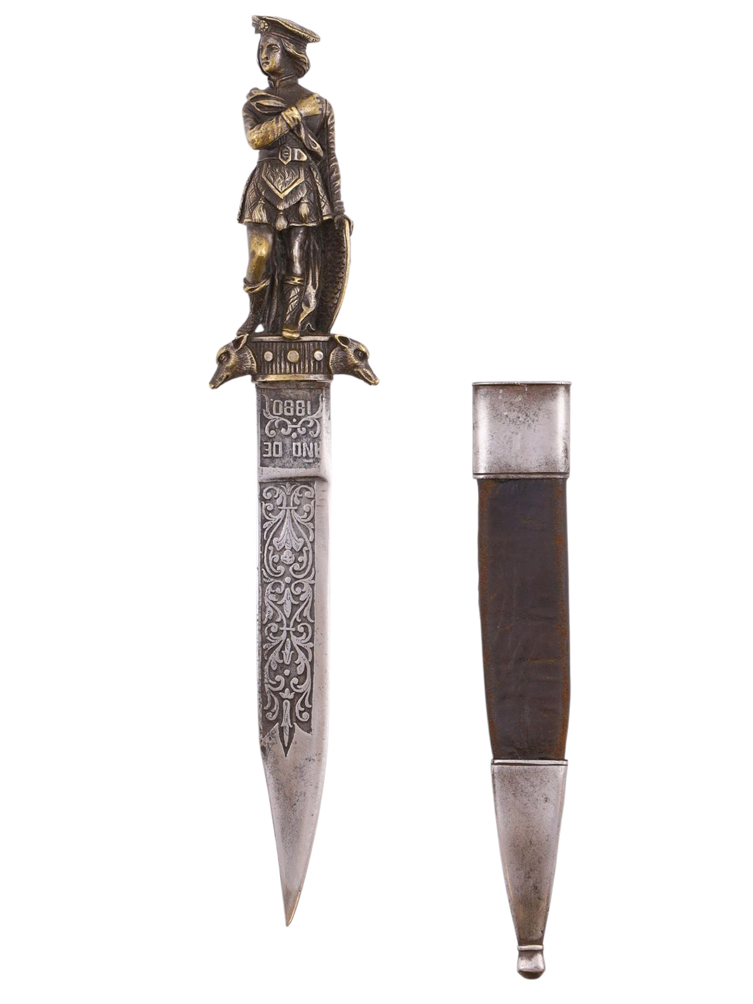 A SPANISH TOLEDO ROMANTIC DAGGER WITH FRENCH-SCOTTISH FIGURAL HILT, 1880