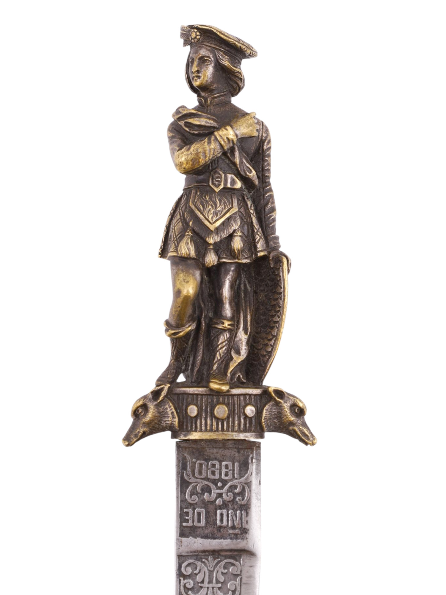 A SPANISH TOLEDO ROMANTIC DAGGER WITH FRENCH-SCOTTISH FIGURAL HILT, 1880