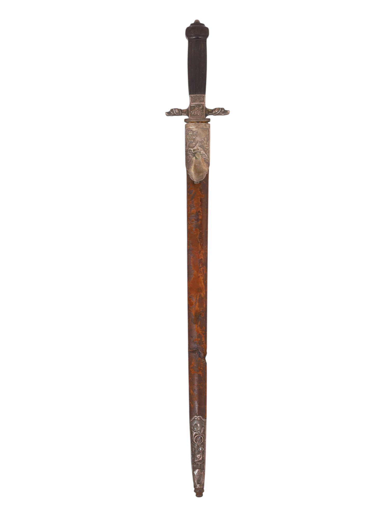 A FRENCH SILVER-MOUNTED HUNTING DAGGER WITH BLUED BLADE, 19TH CENTURY