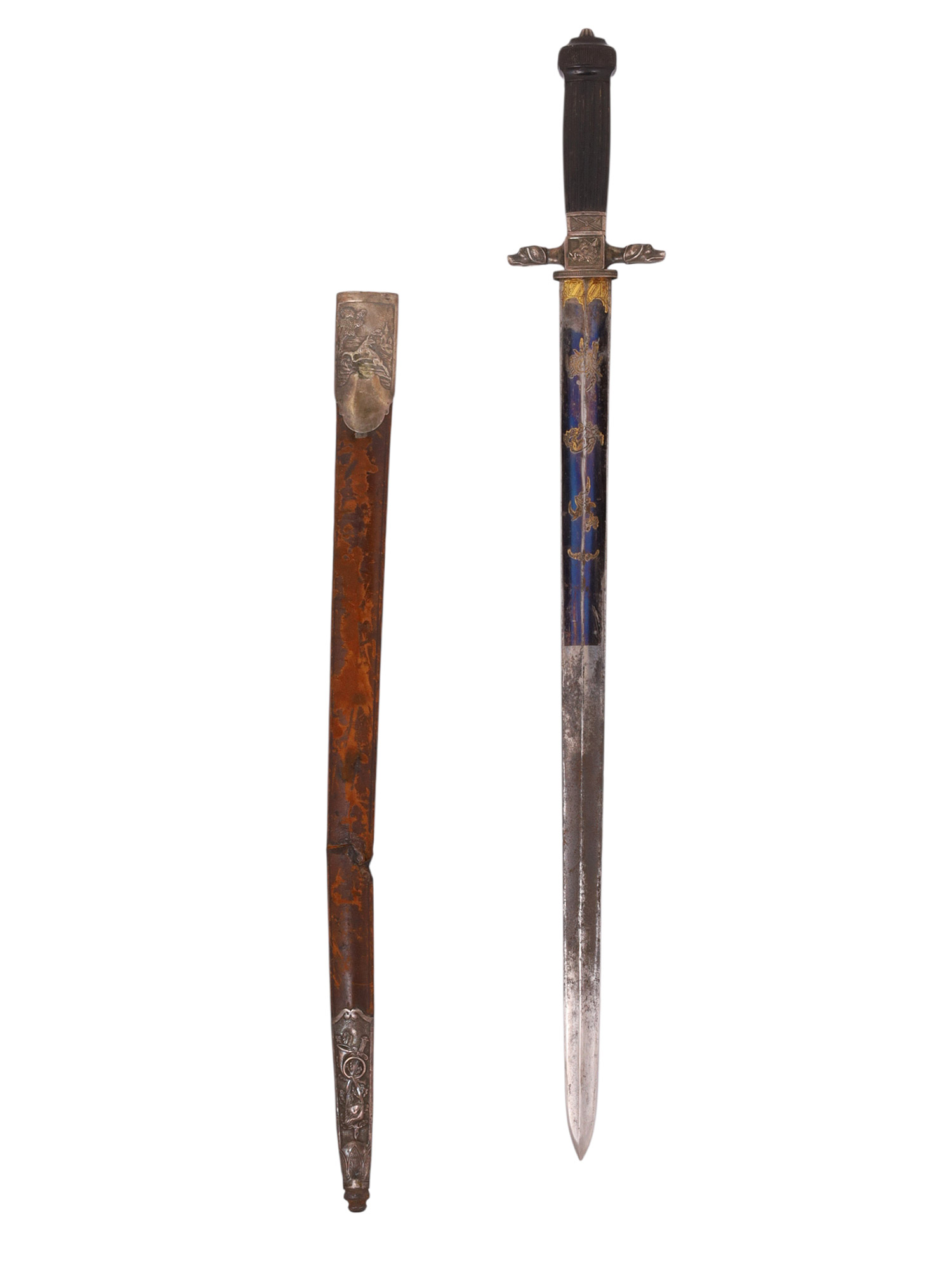 A FRENCH SILVER-MOUNTED HUNTING DAGGER WITH BLUED BLADE, 19TH CENTURY
