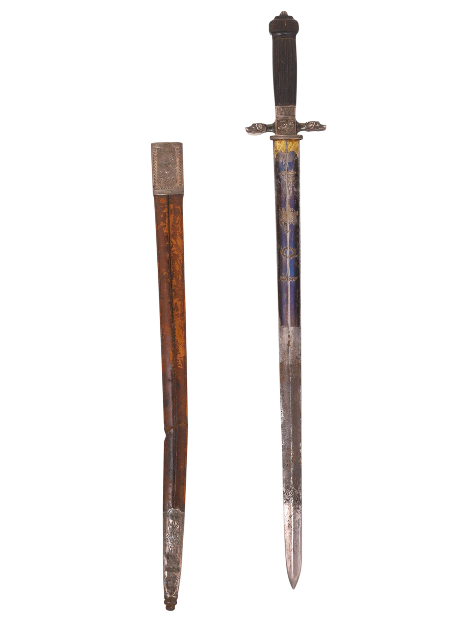 A FRENCH SILVER-MOUNTED HUNTING DAGGER WITH BLUED BLADE, 19TH CENTURY