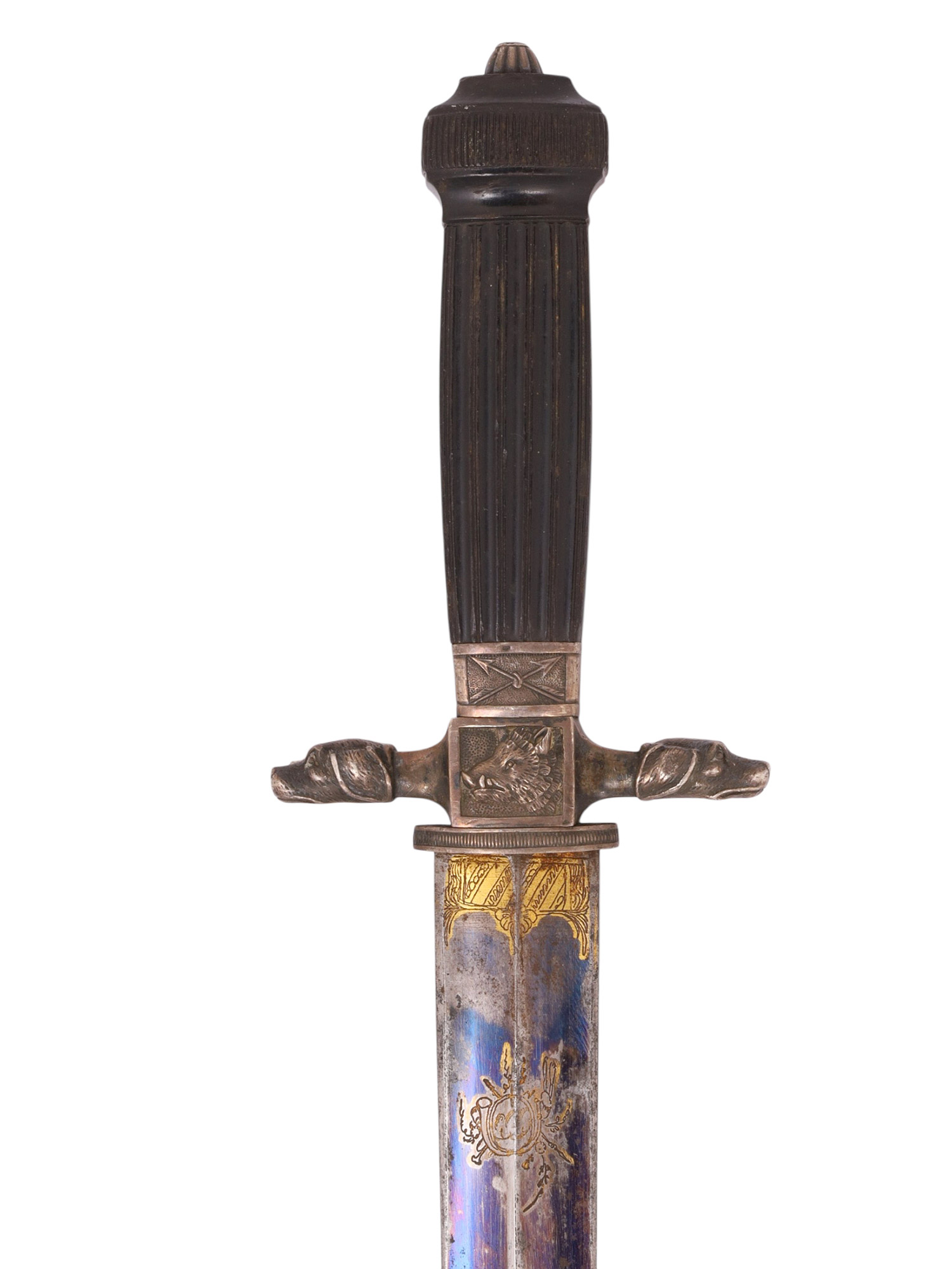 A FRENCH SILVER-MOUNTED HUNTING DAGGER WITH BLUED BLADE, 19TH CENTURY