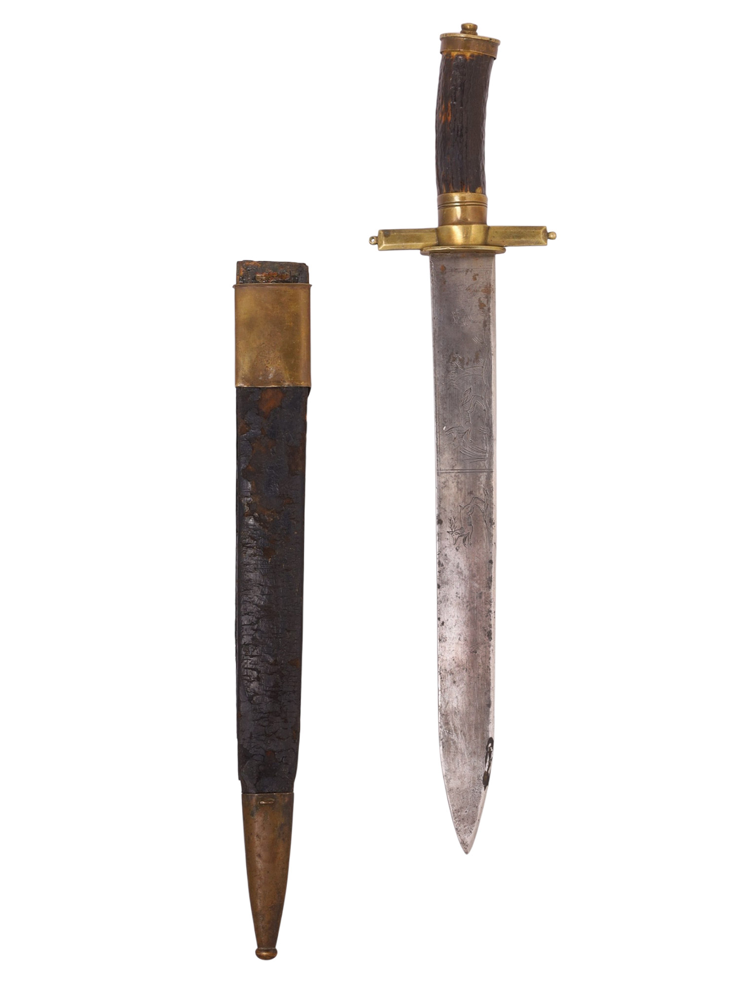 A GERMAN HIRSCHFANGER HUNTING SWORD WITH ENGRAVED BLADE, 18TH CENTURY