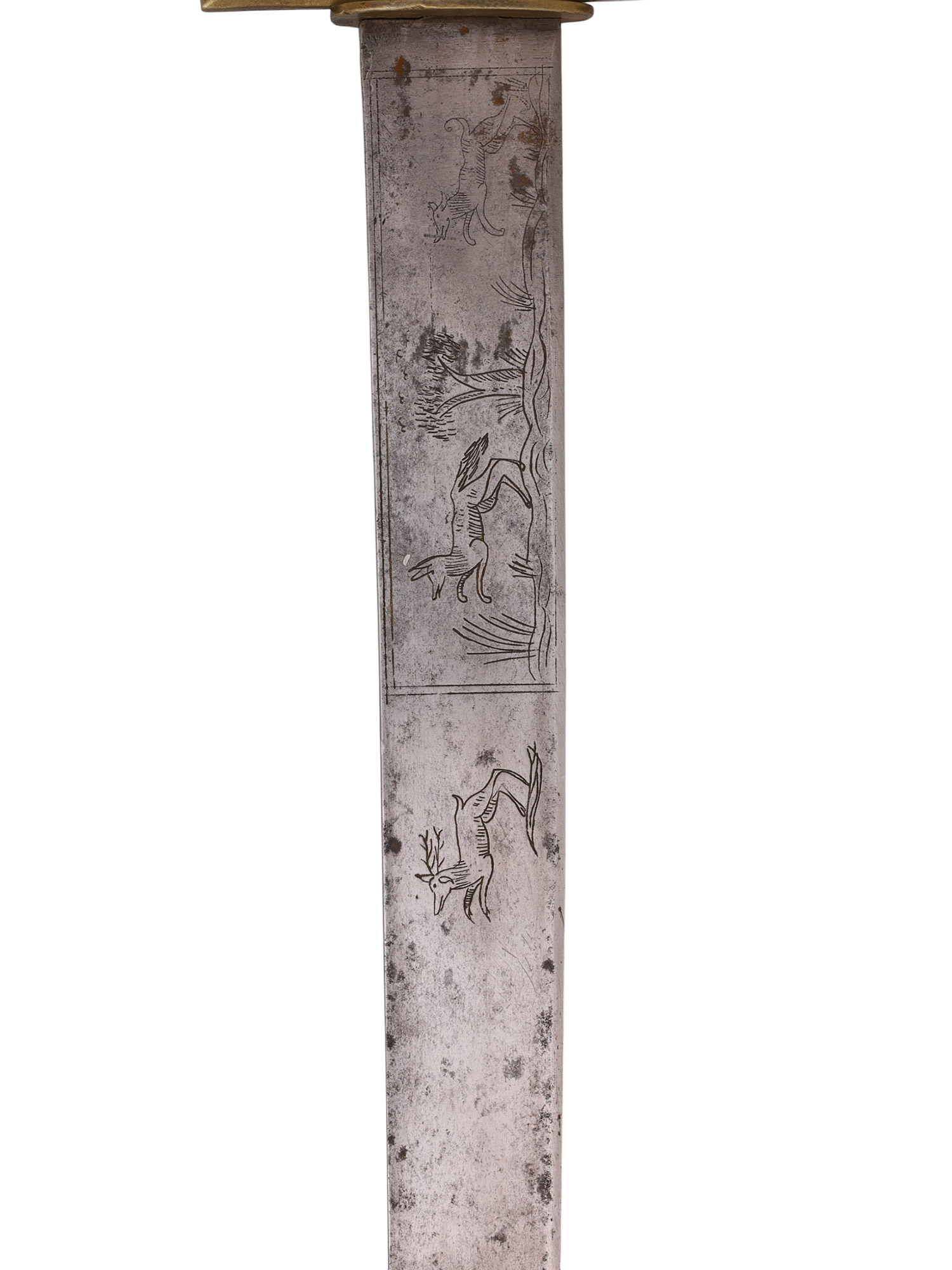 A GERMAN HIRSCHFANGER HUNTING SWORD WITH ENGRAVED BLADE, 18TH CENTURY