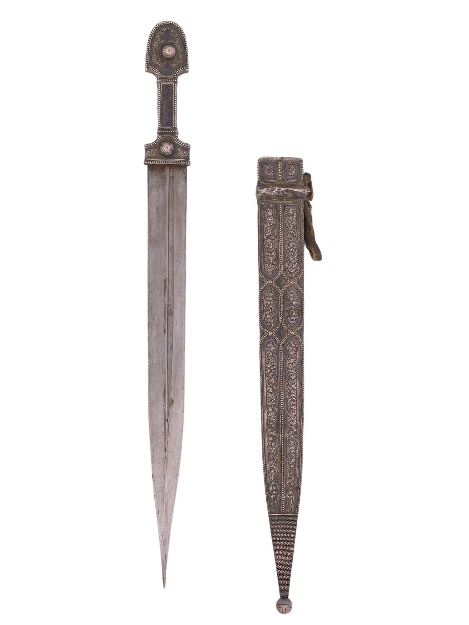 A CAUCASUS, DAGESTAN, SILVER-MOUNTED KINDJAL DAGGER WITH NIELLO DECORATION, 19TH CENTURY
