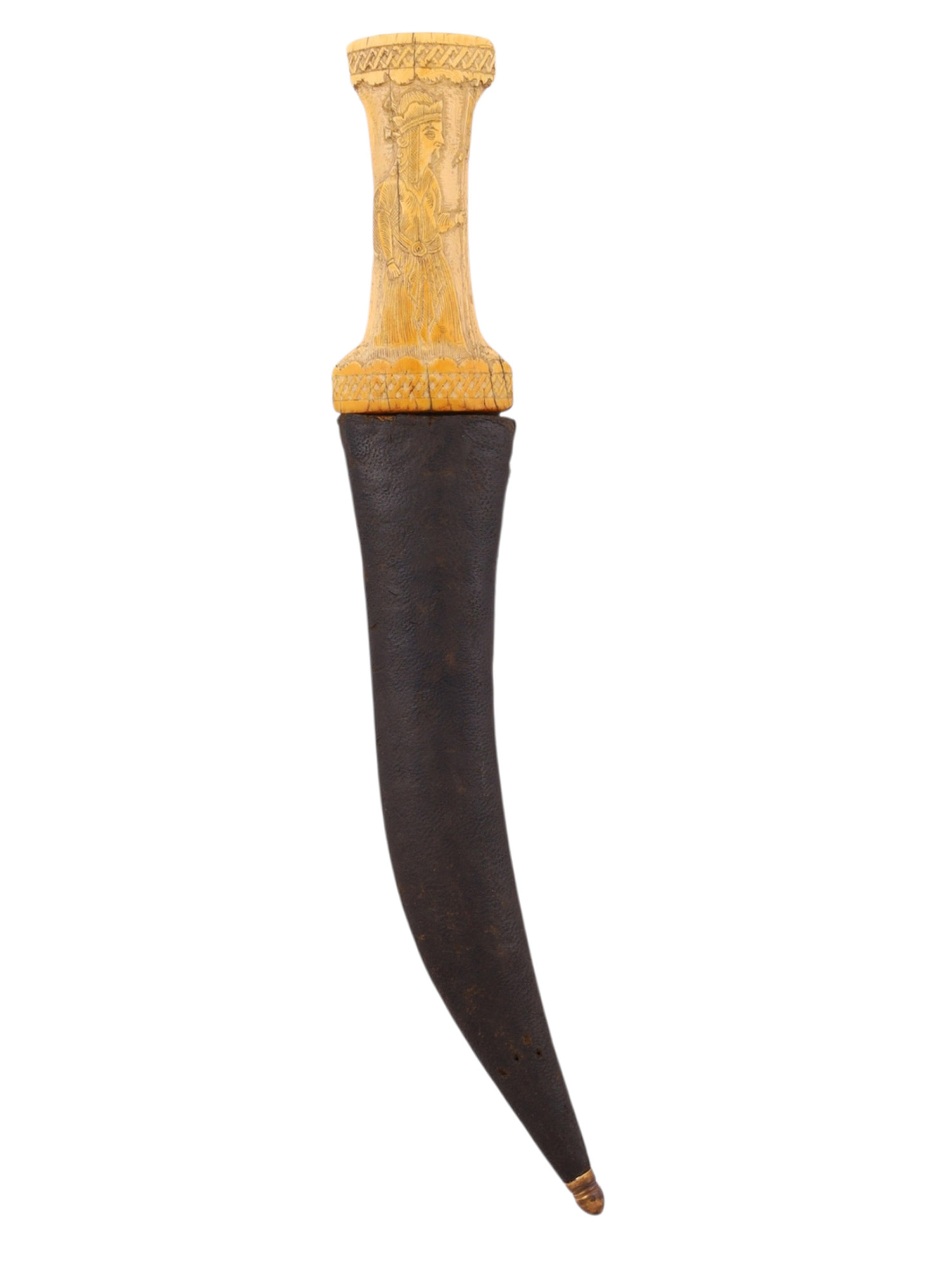 A QAJAR PERSIAN JAMBIYA WITH WOOTZ BLADE AND CARVED BONE GRIP, 19TH CENTURY