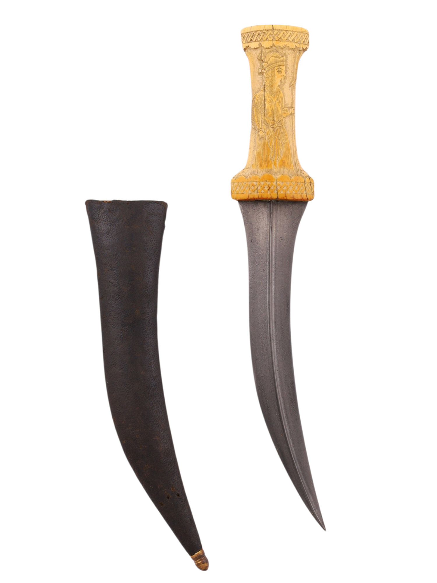 A QAJAR PERSIAN JAMBIYA WITH WOOTZ BLADE AND CARVED BONE GRIP, 19TH CENTURY