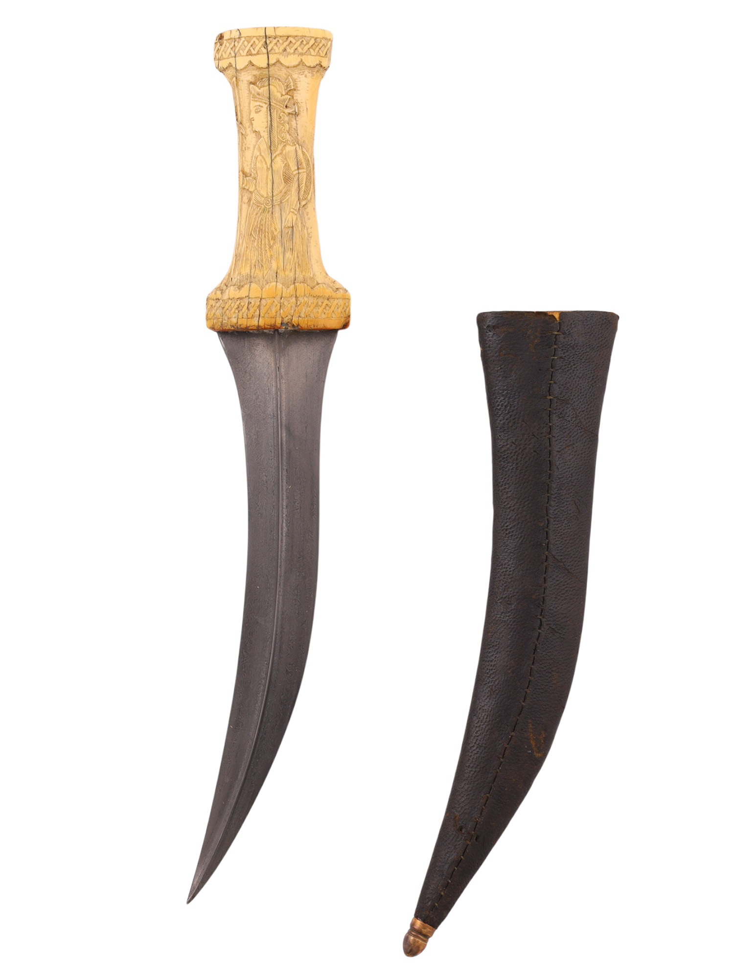 A QAJAR PERSIAN JAMBIYA WITH WOOTZ BLADE AND CARVED BONE GRIP, 19TH CENTURY