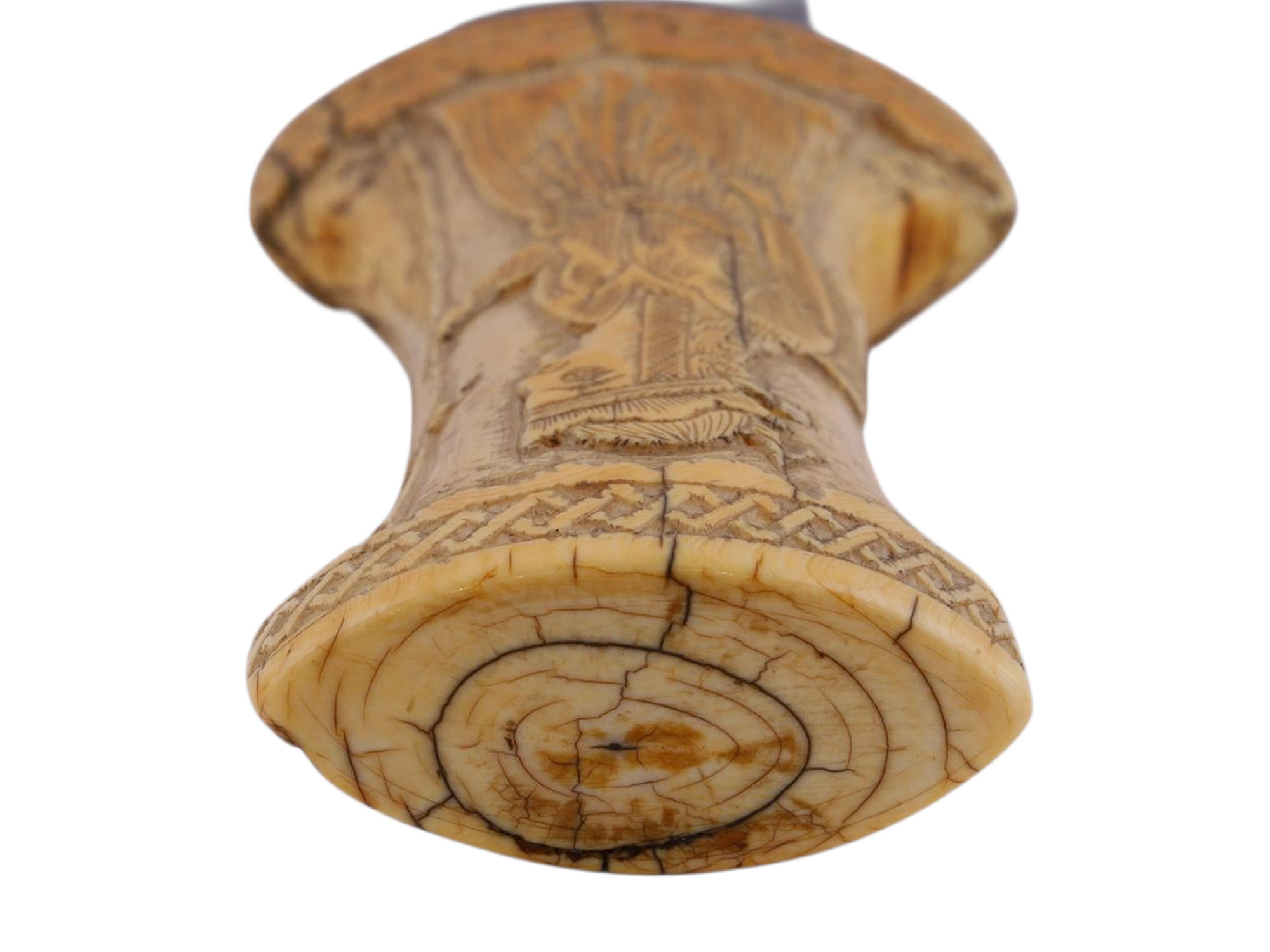 A QAJAR PERSIAN JAMBIYA WITH WOOTZ BLADE AND CARVED BONE GRIP, 19TH CENTURY